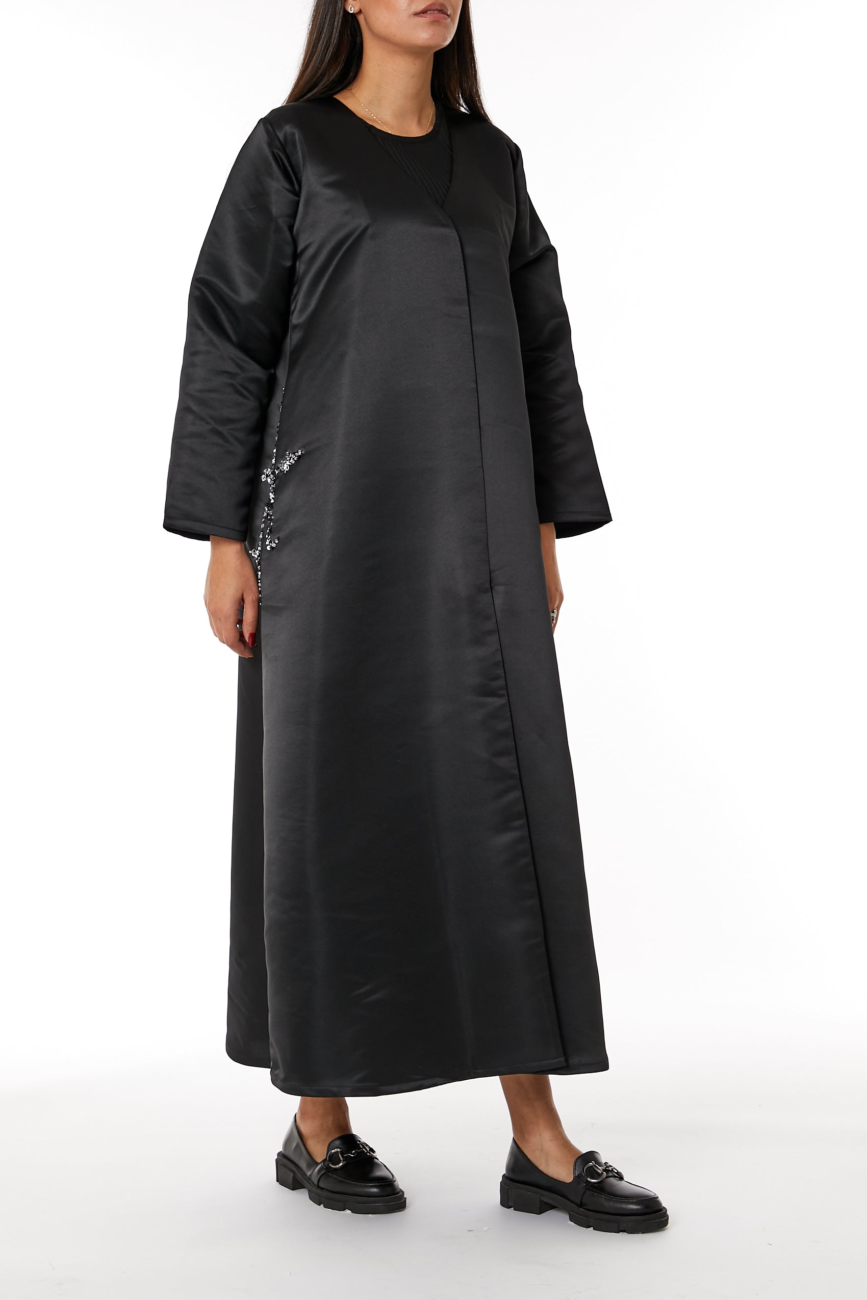 MOiSTREET Black Bridal Satin Embroidered Abaya