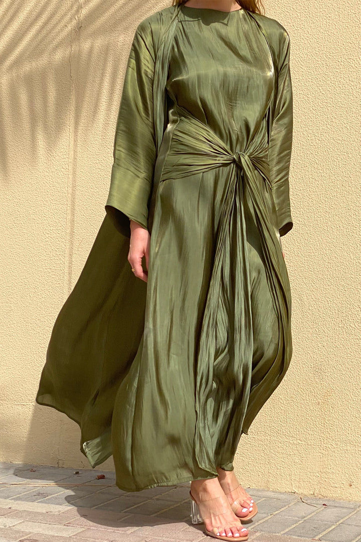 MOiSTREET Rotana Shimmer Green Abaya Set Comes With 3 Piece