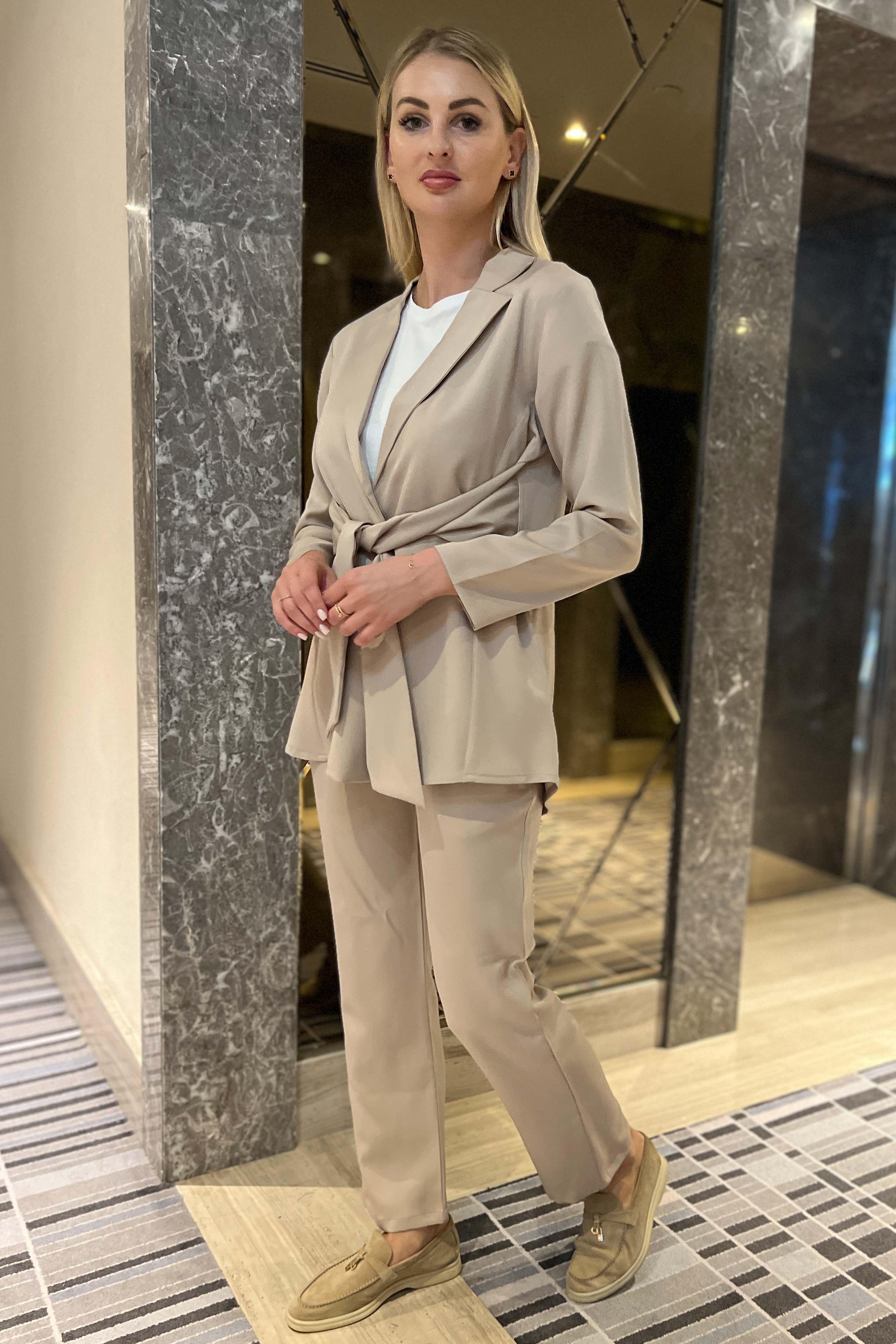 MOiSTREET Beige  Barbie Crepe Fabric Blazer and Pants Set