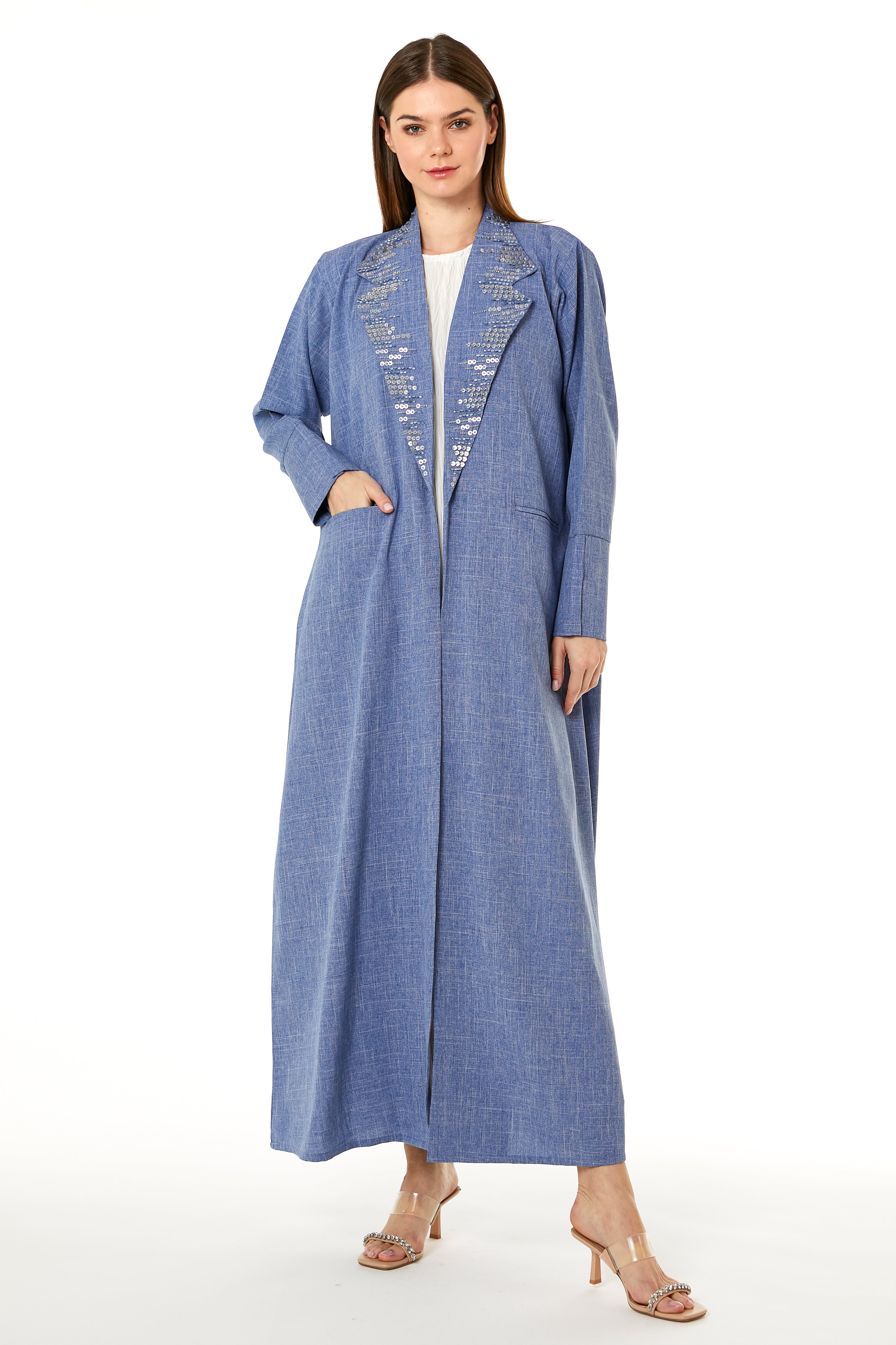 MOiSTREET Blue Melange Hand Embellished Abaya