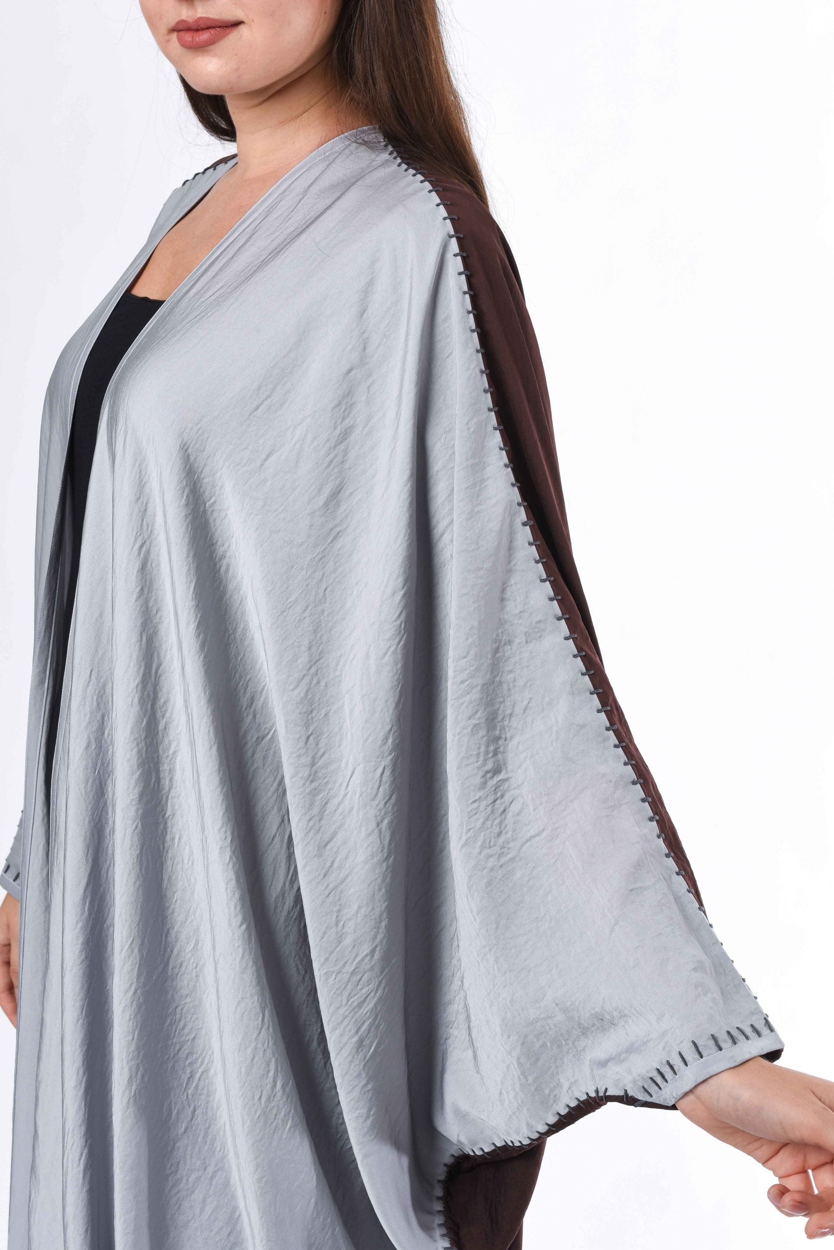 MOiSTREET Grey Brown Abaya with Hand Buck Stitch