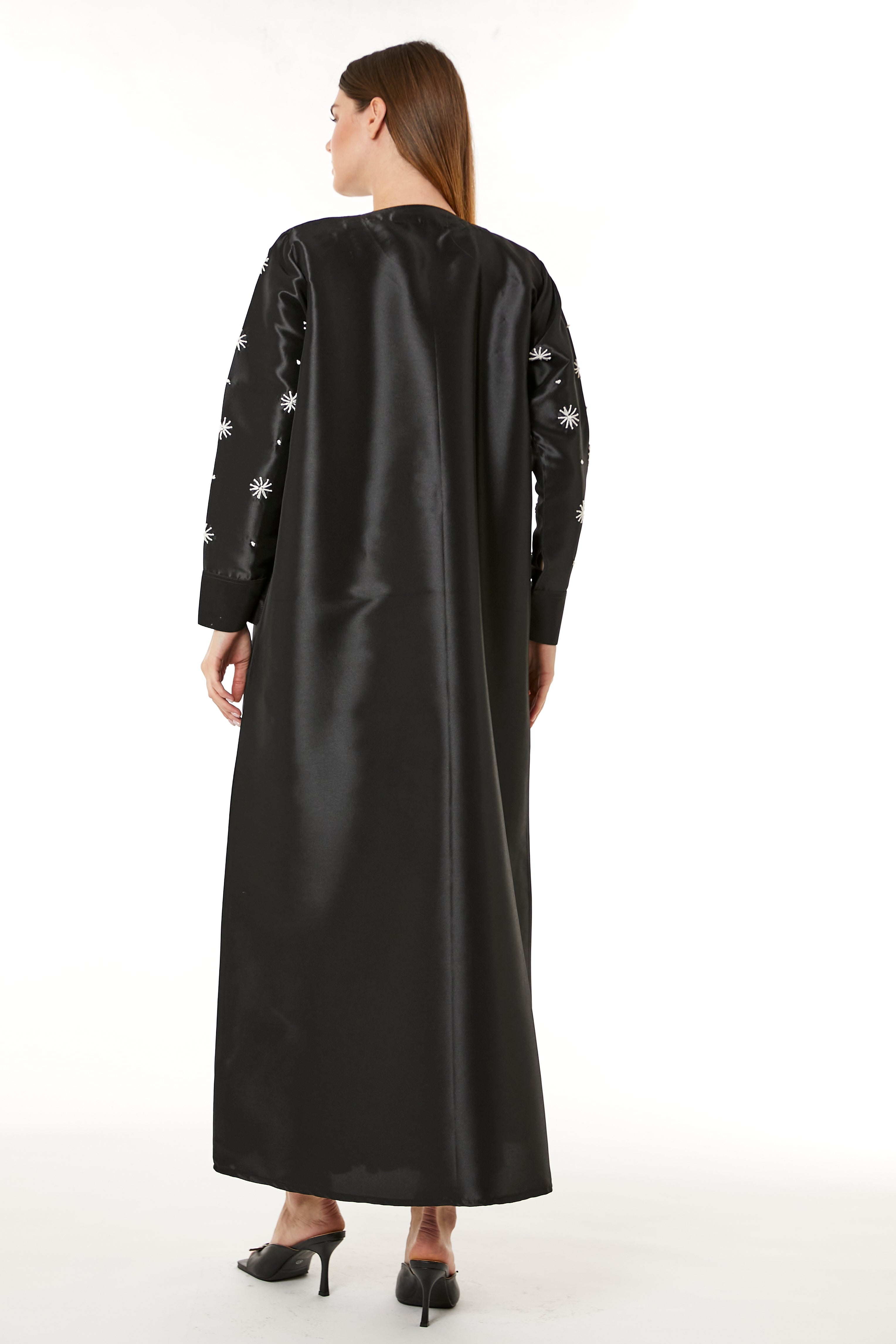 Black Victoria Satin Embroidered Abaya