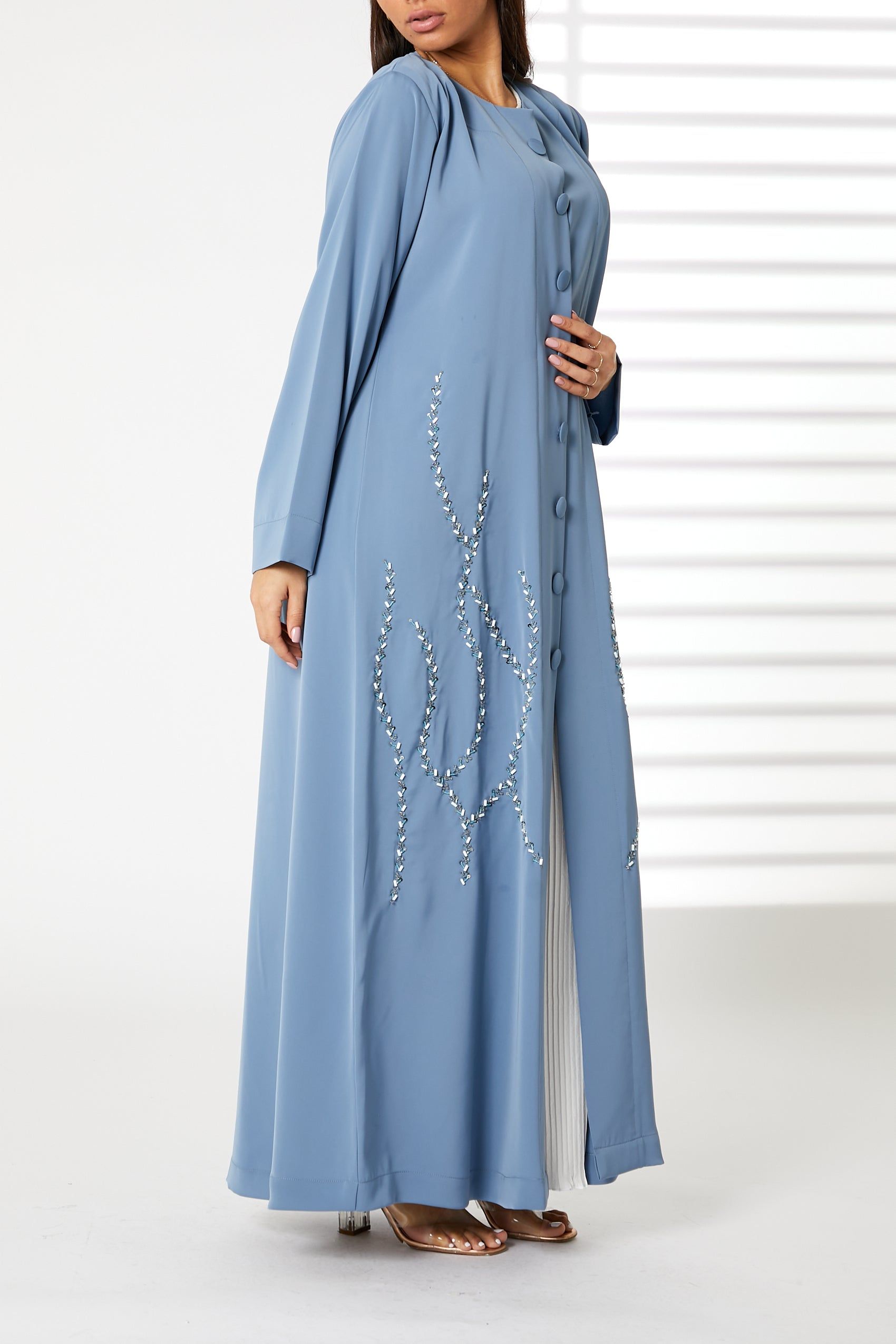 MOiSTREET Blue Front Embroidered Nida Open Abaya