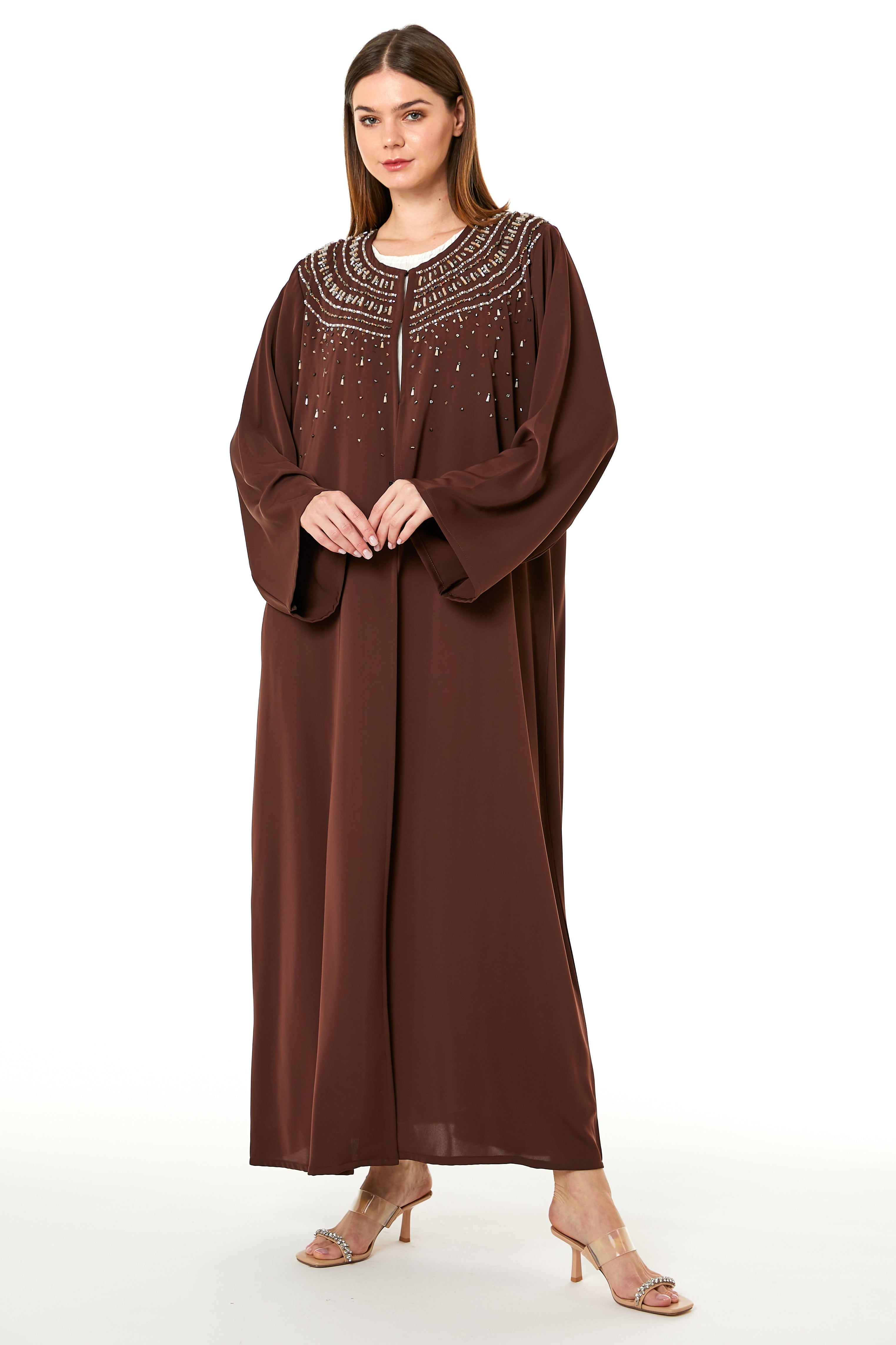 Brown Korean Nida Hand Embellished Abaya
