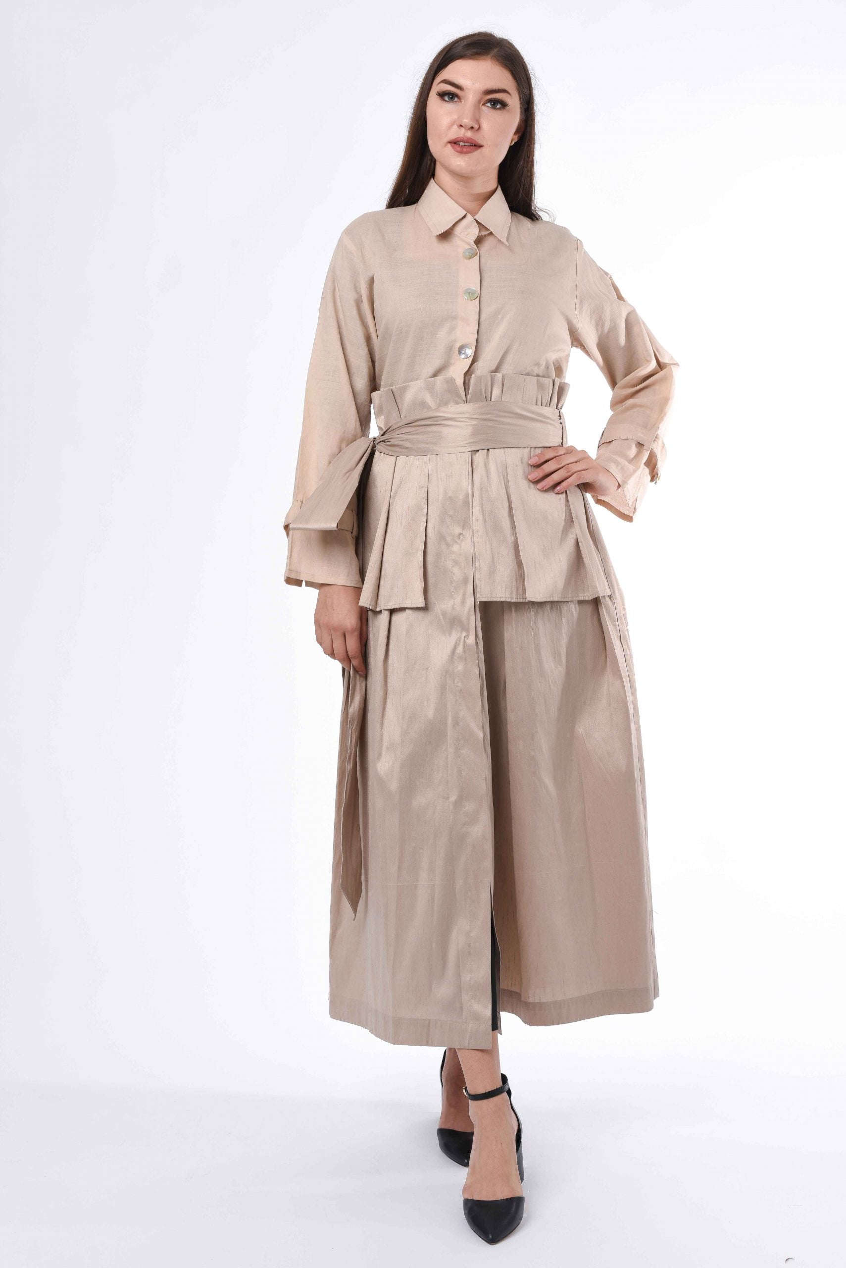 MOiSTREET Belt Abaya with Heavy Pleated Detail