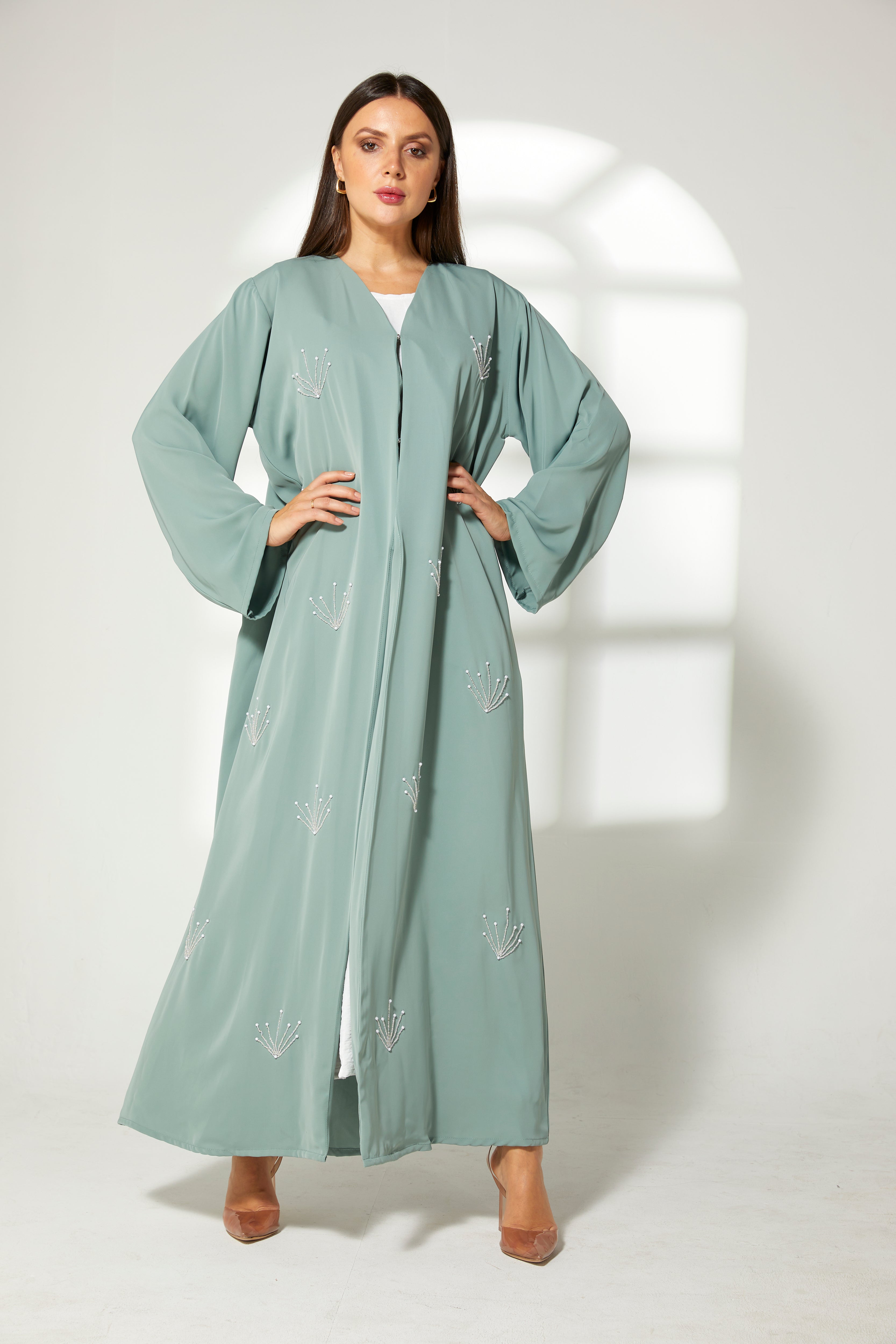 MOiSTREET Sea Green Korean Nida Embroidery Abaya