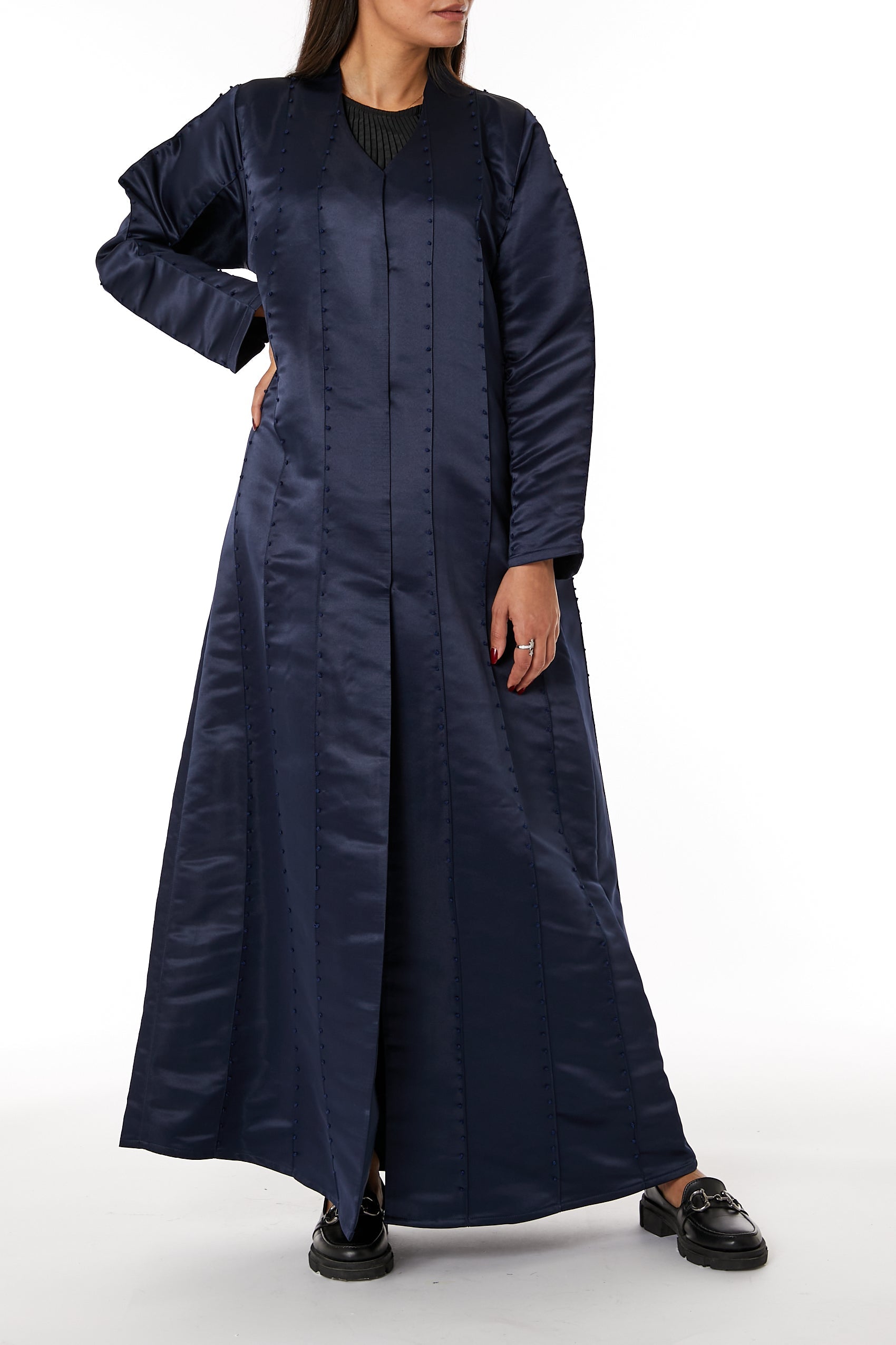 MOiSTREET Navy Bridal Satin Thread Work Open Abaya