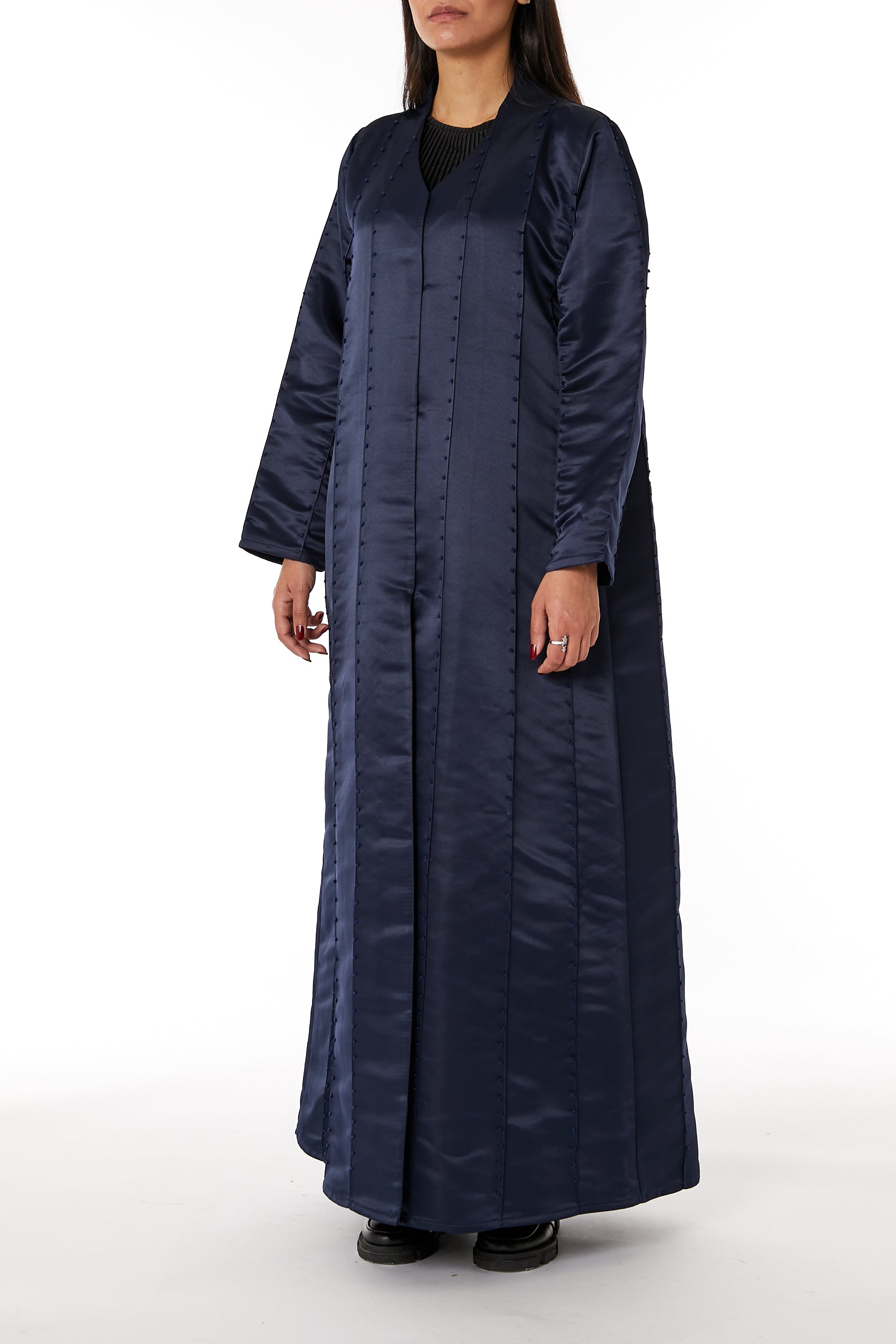MOiSTREET Navy Bridal Satin Thread Work Open Abaya