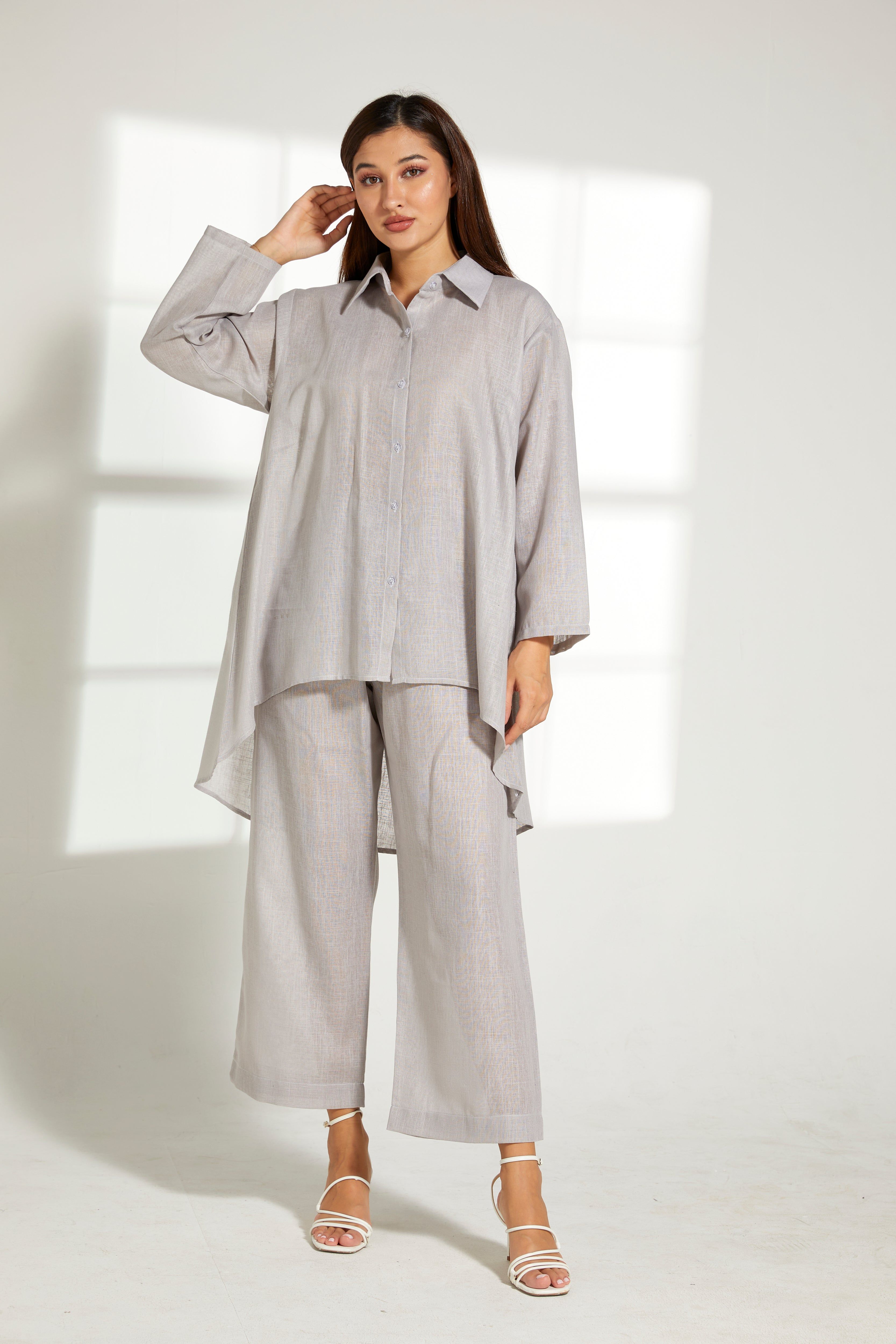 MOiSTREET Grey Linen Fabric Top and Pants Set