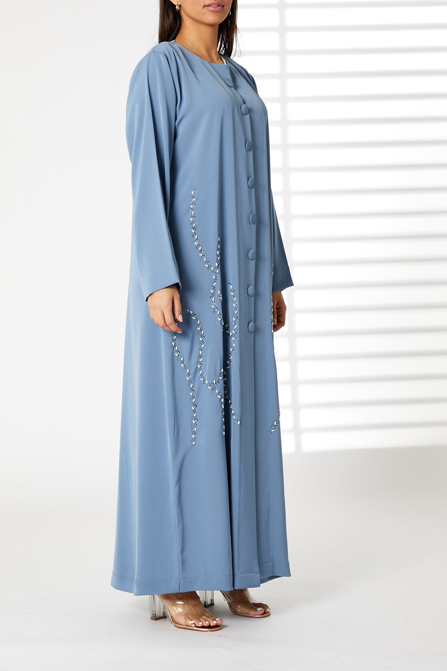 MOiSTREET Blue Front Embroidered Nida Open Abaya