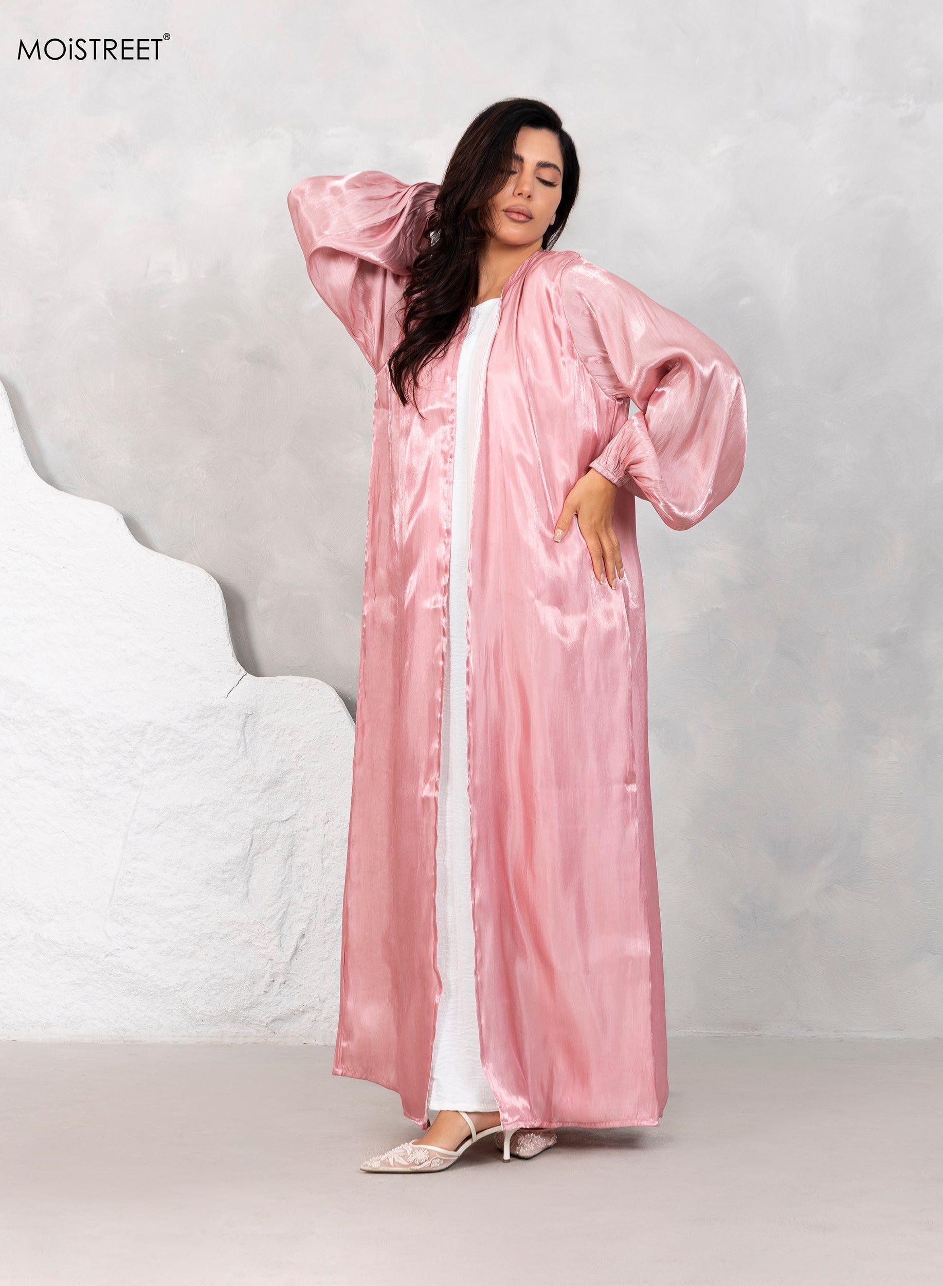 MOiSTREET Rotana Shimmer Pink Abaya Set with Under Dress & Sheila