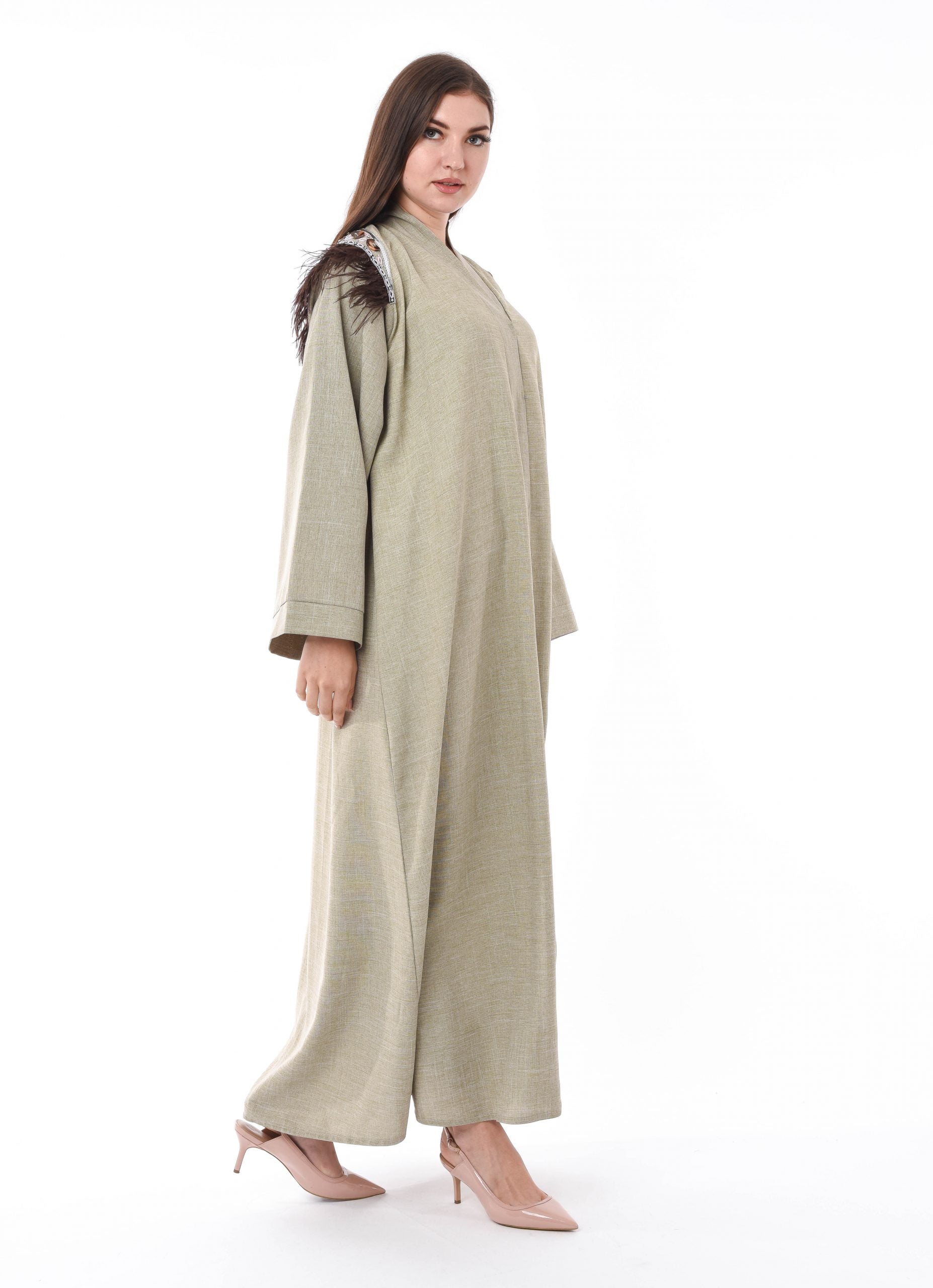 MOiSTREET Beige Feather Detail Abaya