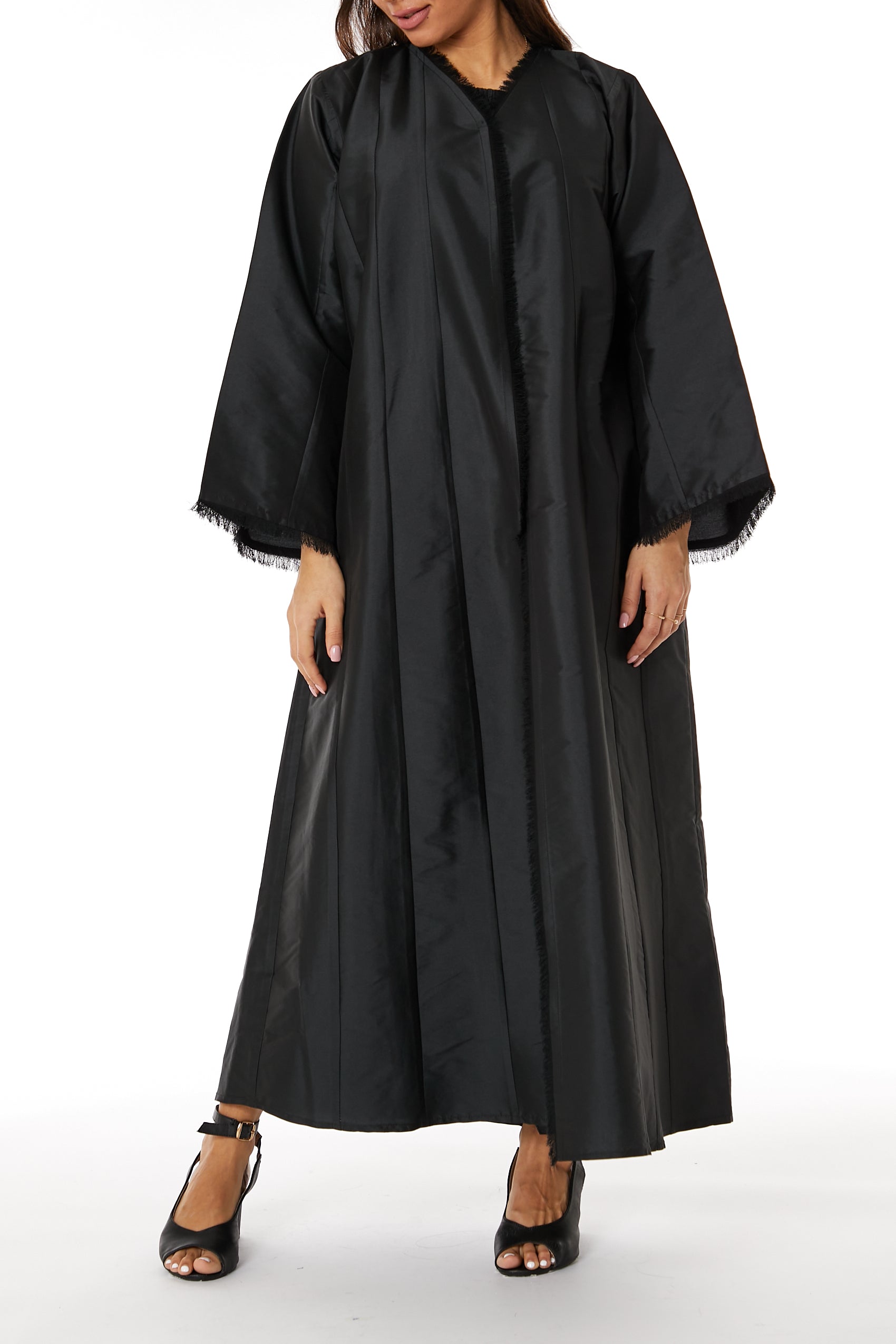 MOiSTREET Black Taffeta Open Abaya with Lace