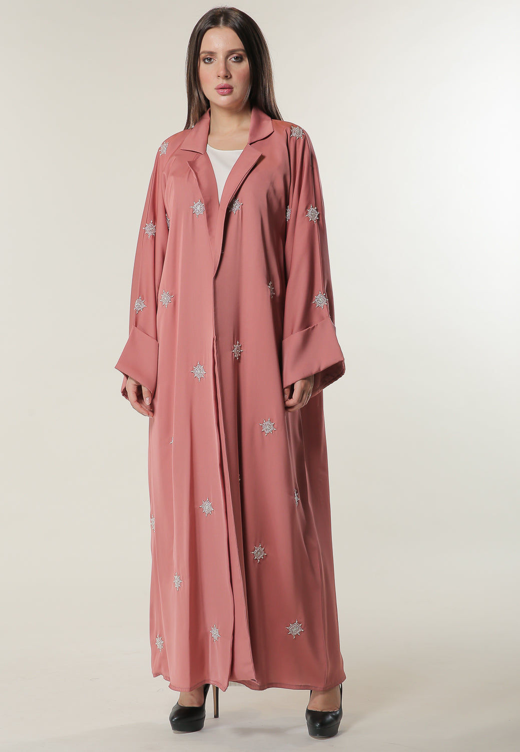 MOiSTREET Pink Abaya with Hand Beaded Motifs