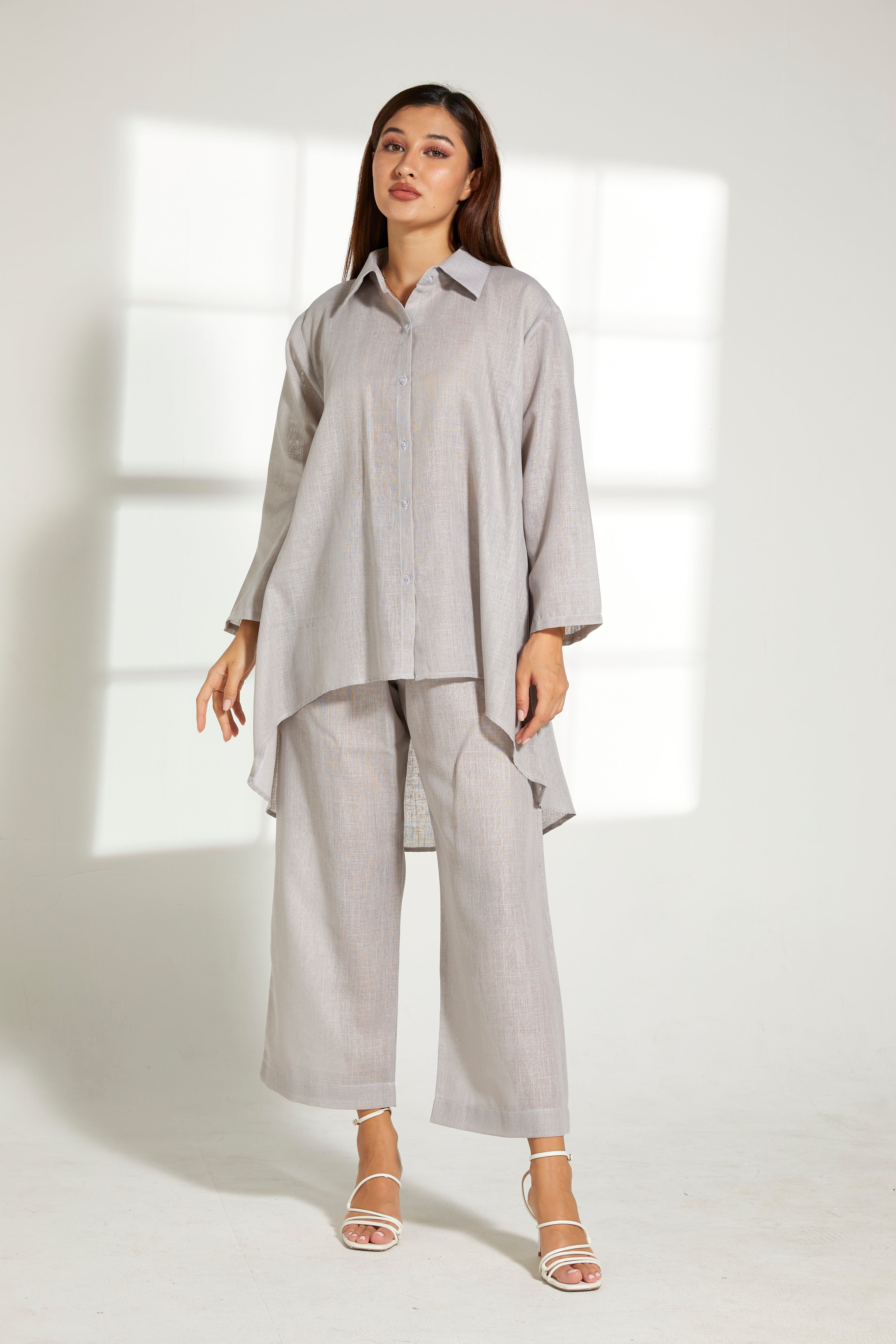 MOiSTREET Grey Linen Fabric Top and Pants Set