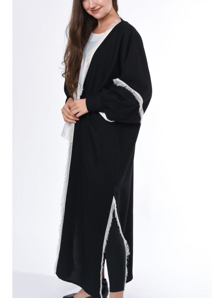 MOiSTREET Black Abaya with White Fringe Detail