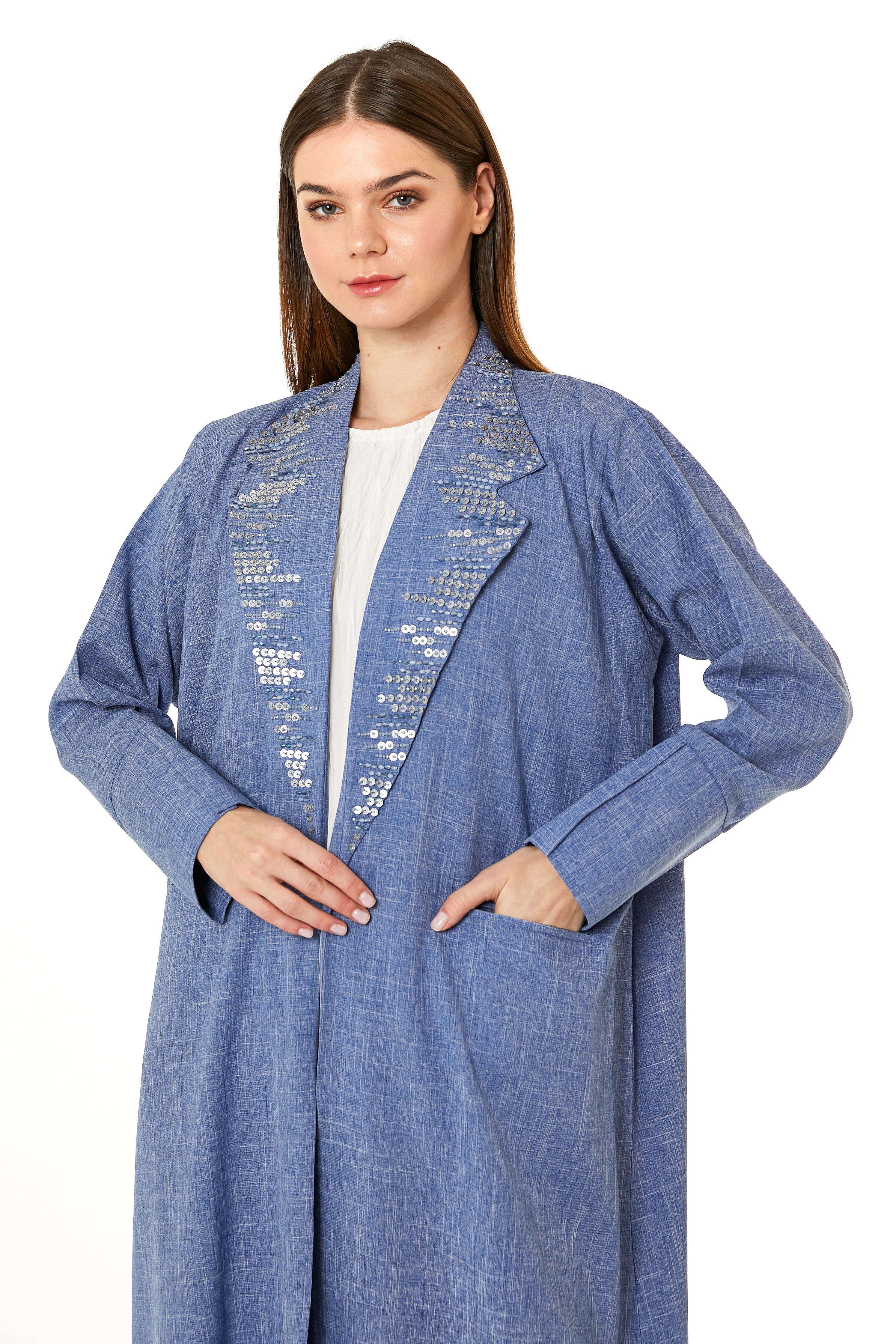 MOiSTREET Blue Melange Hand Embellished Abaya