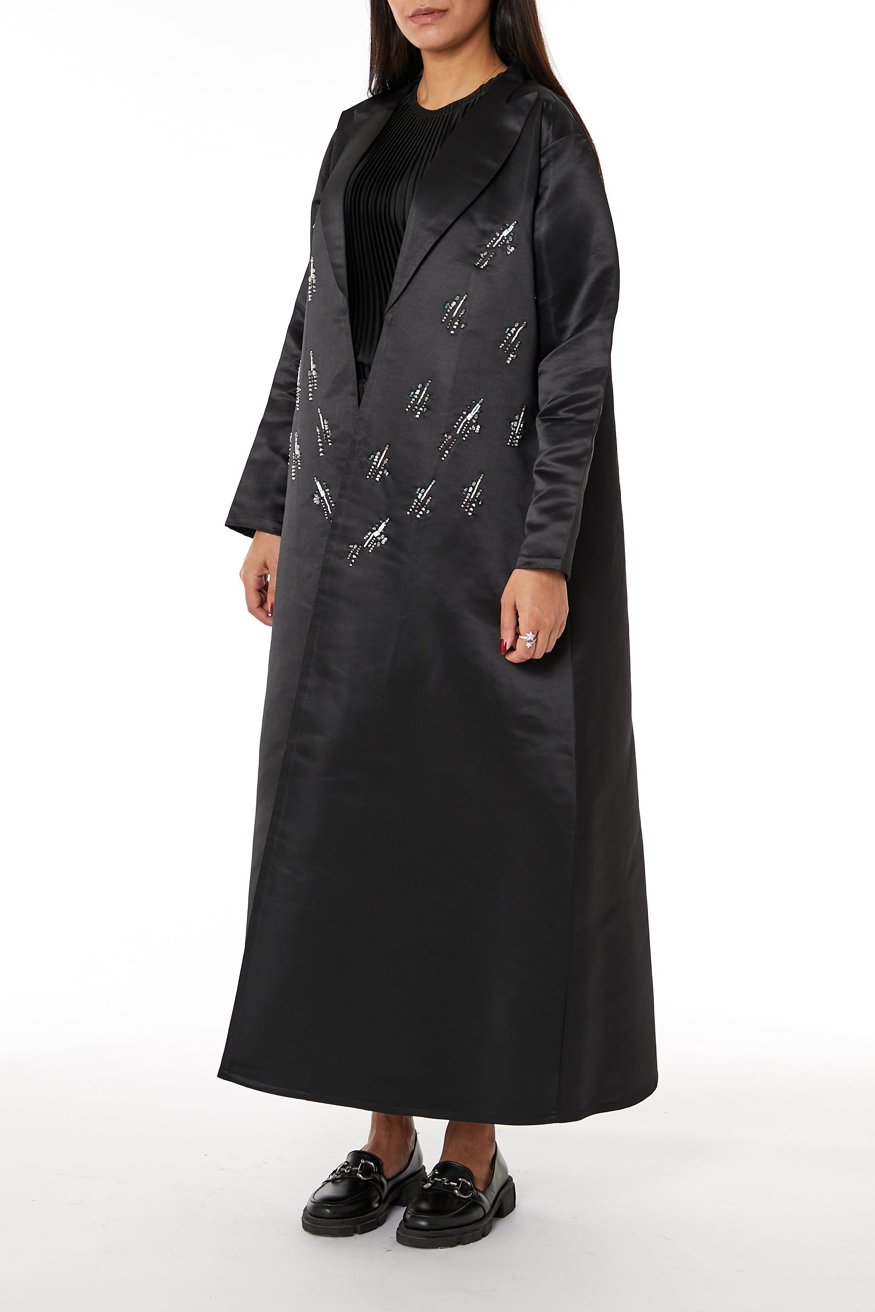 MOiSTREET Black Lapel Collar Bridal Satin Embroidered Abaya