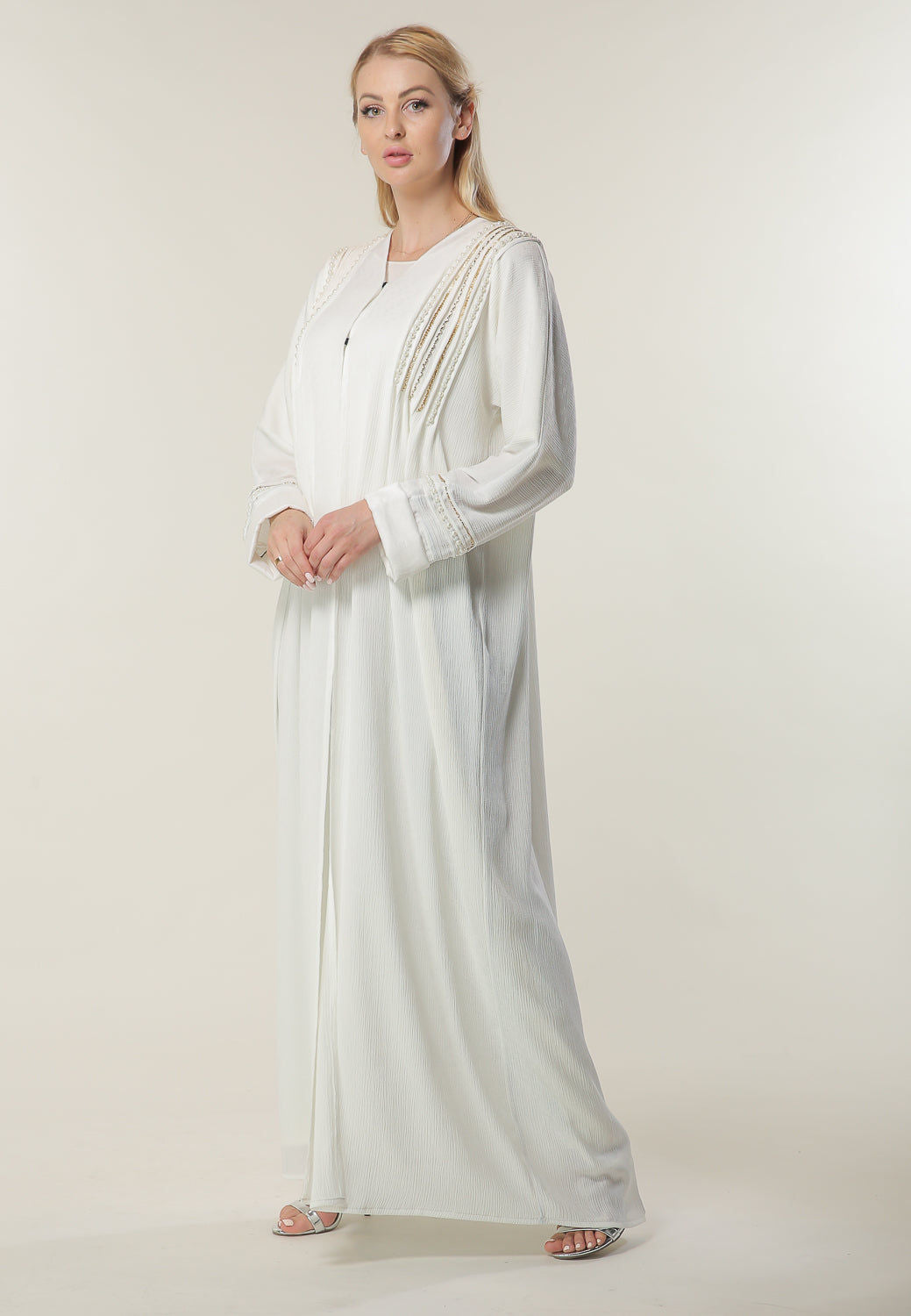 MOiSTREET White Abaya with Hand Work on shoulders
