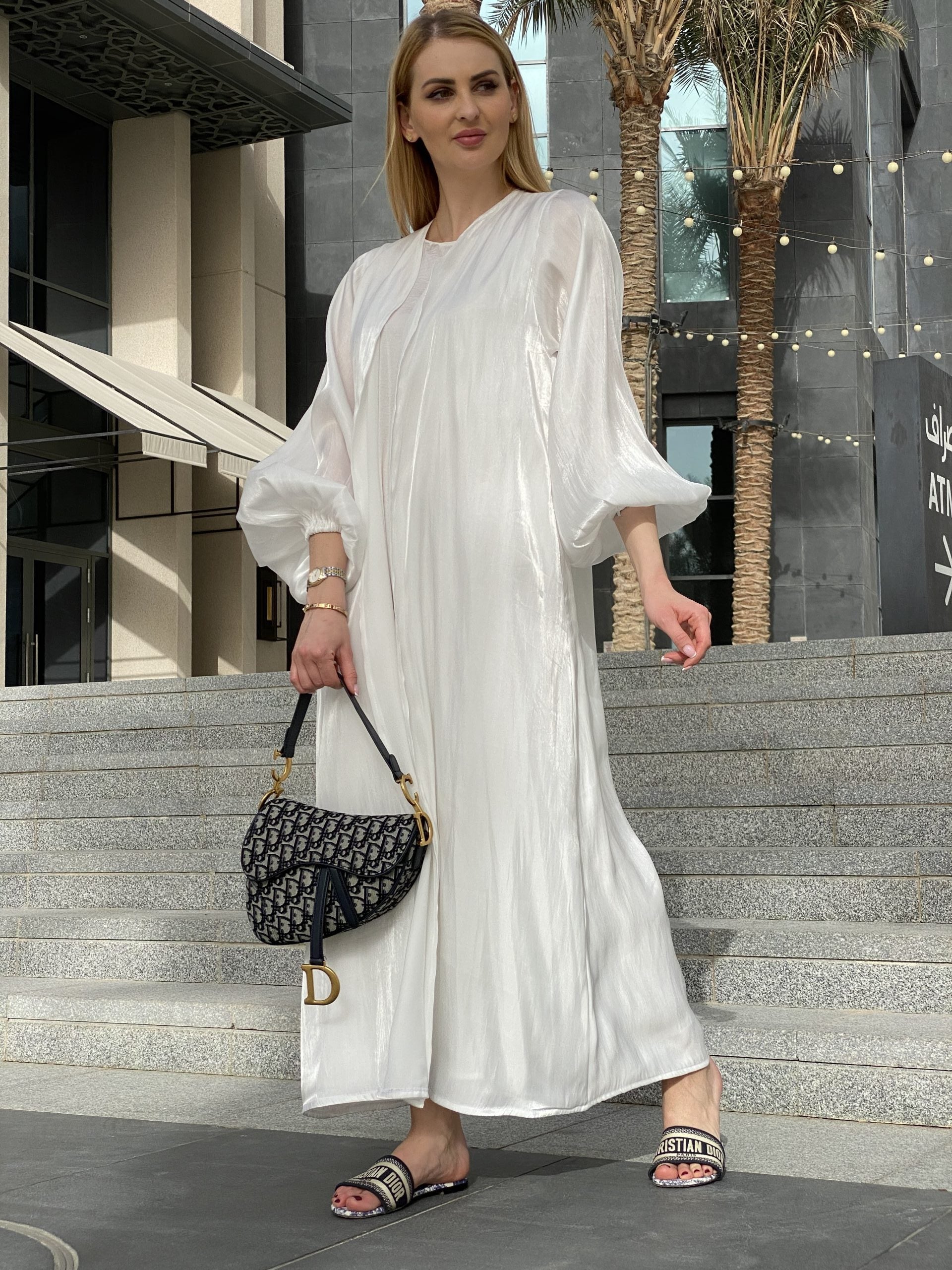 MOiSTREET  Rotana Shimmer White Abaya Set with Under Dress & Sheila