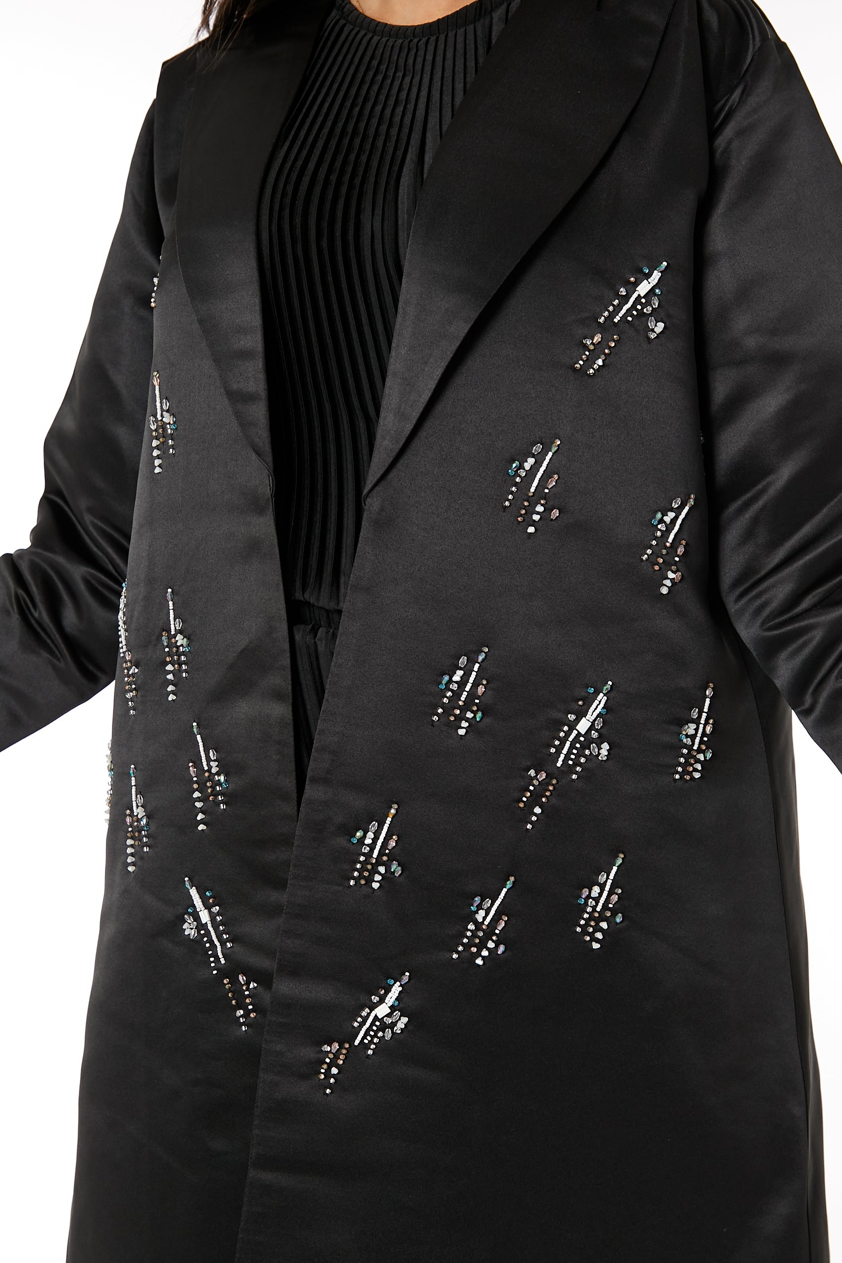 MOiSTREET Black Lapel Collar Bridal Satin Embroidered Abaya