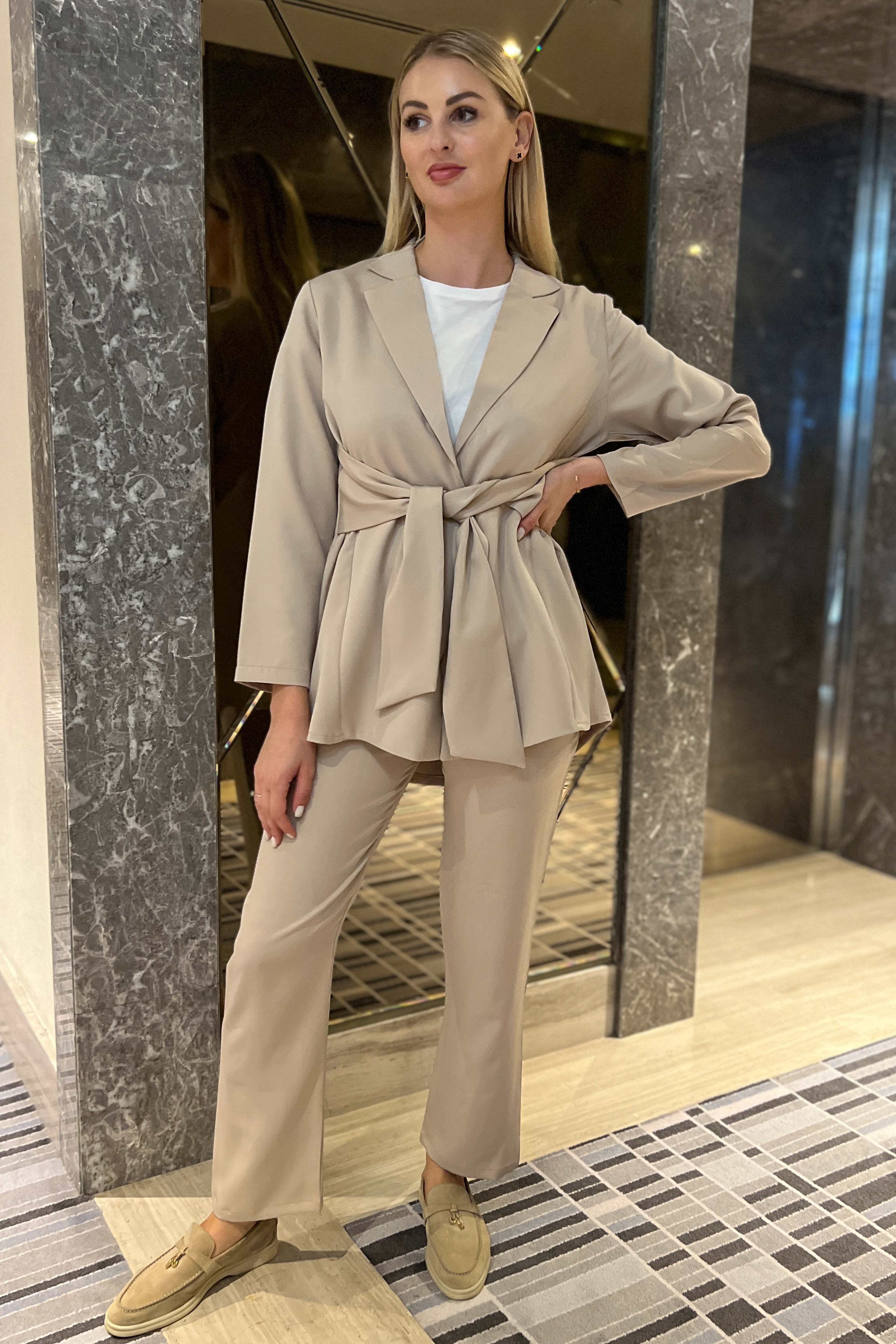 MOiSTREET Beige  Barbie Crepe Fabric Blazer and Pants Set