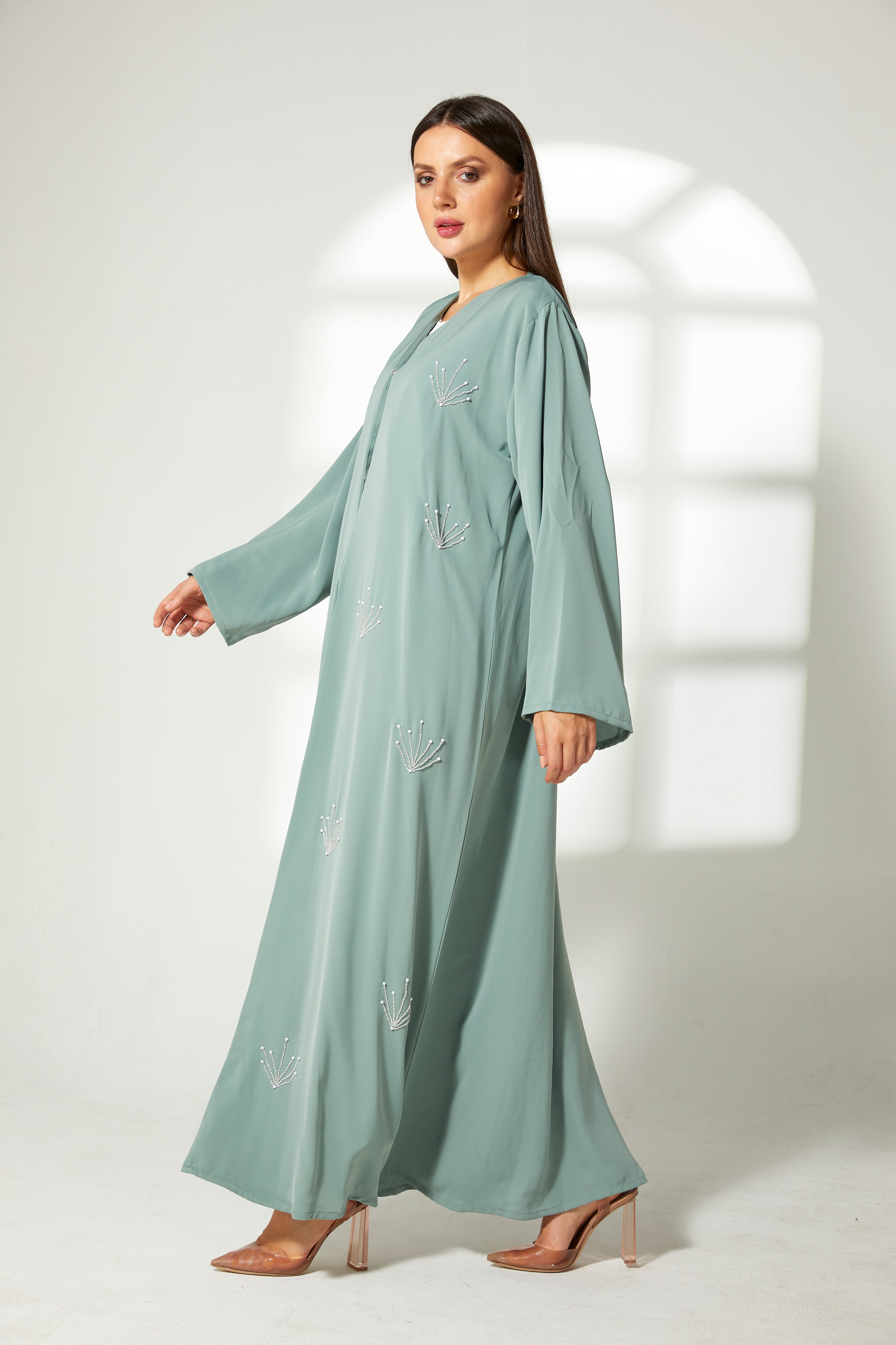 MOiSTREET Sea Green Korean Nida Embroidery Abaya