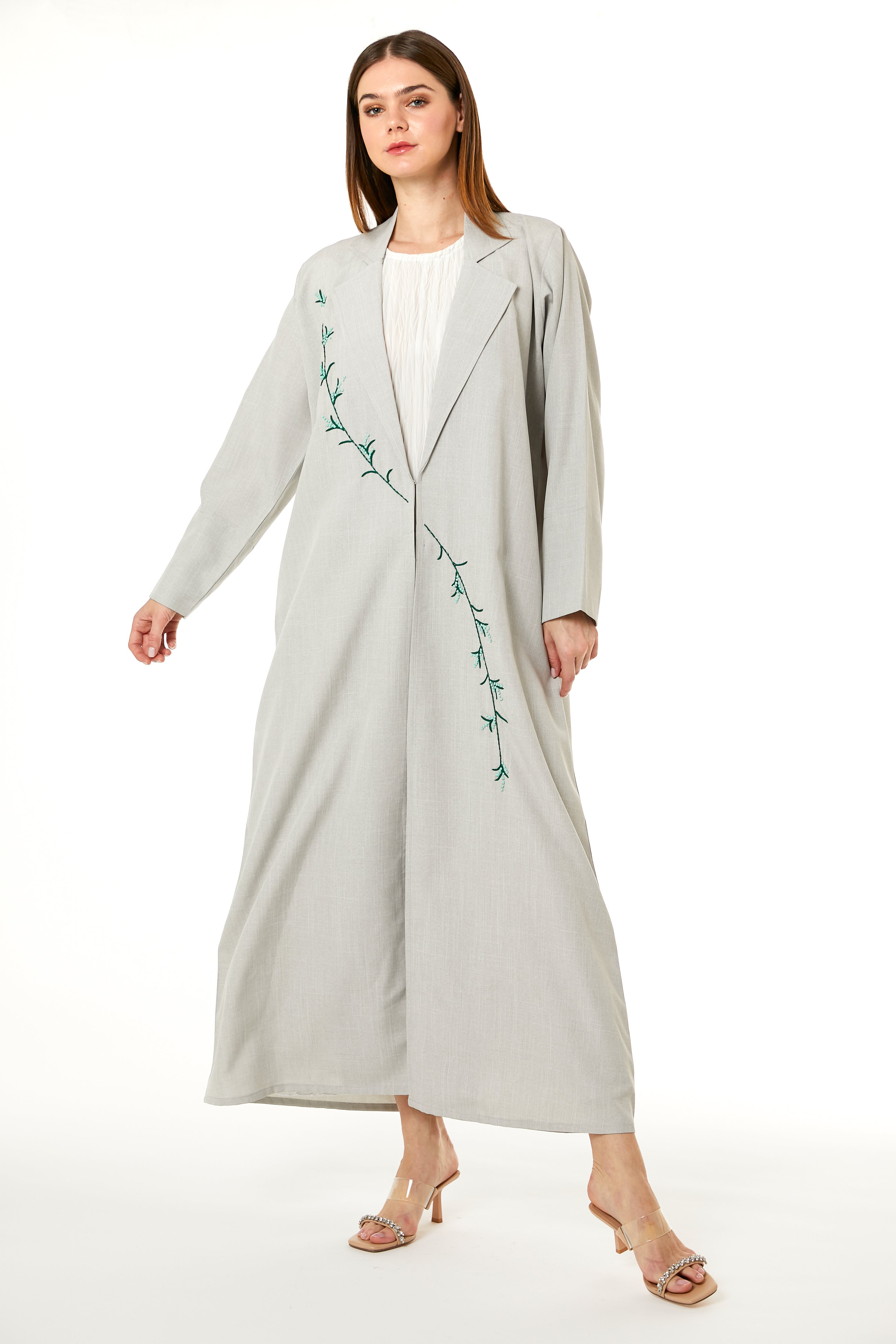 Beige Linen Embroidered Abaya