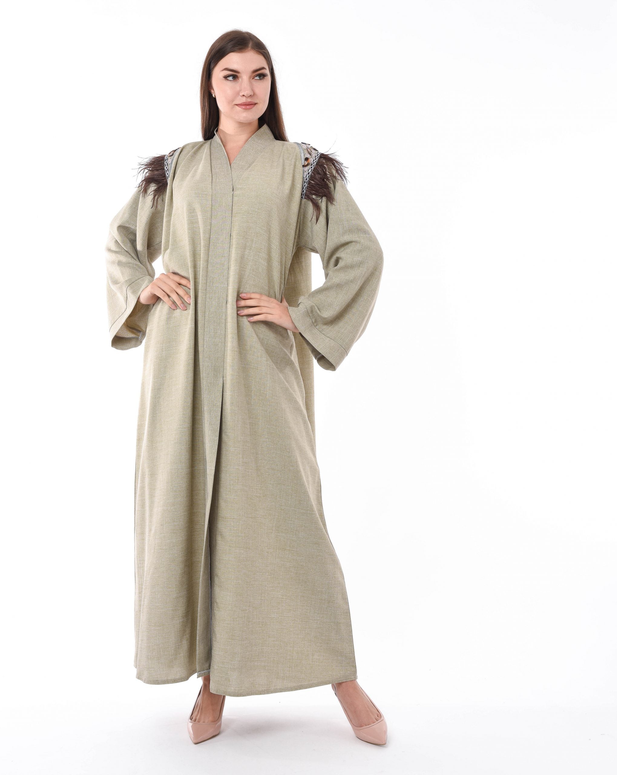 MOiSTREET Beige Feather Detail Abaya