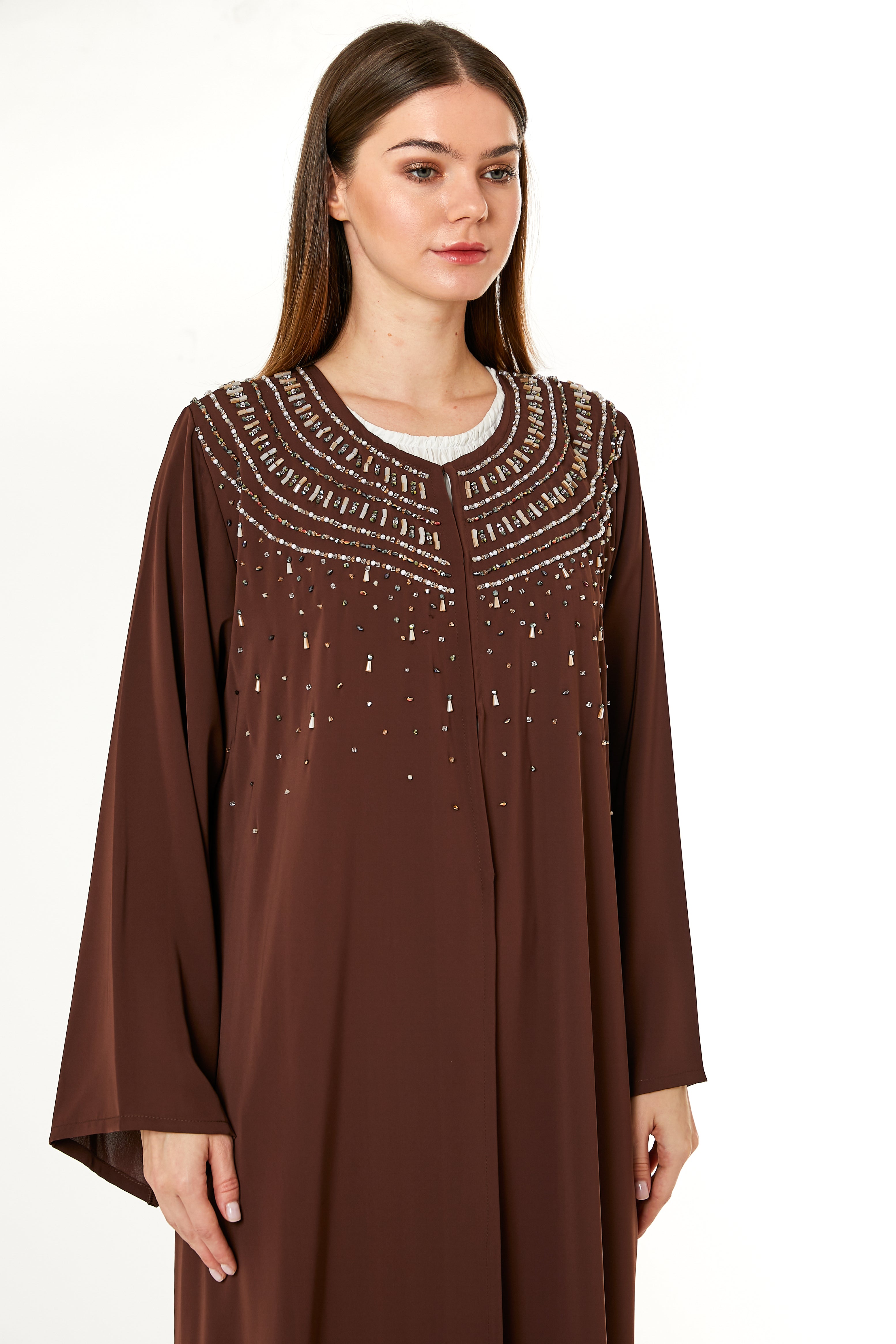 Brown Korean Nida Hand Embellished Abaya