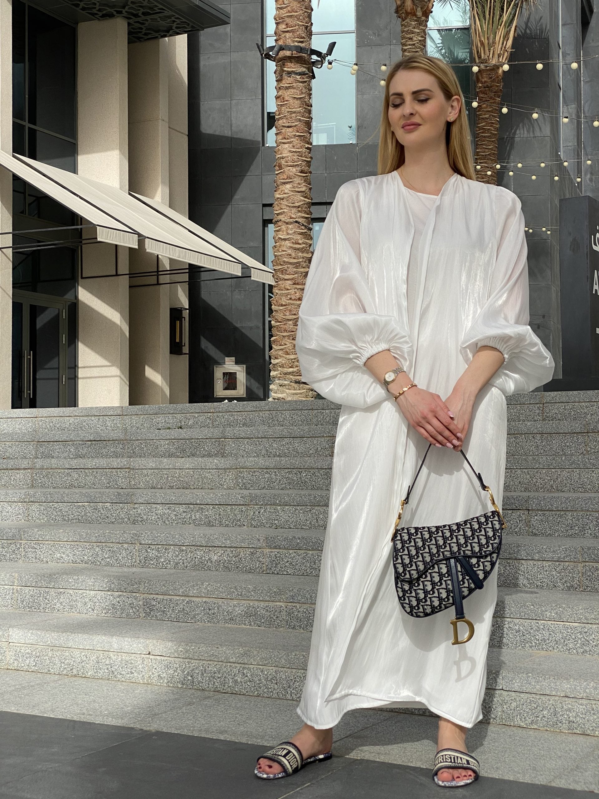 MOiSTREET  Rotana Shimmer White Abaya Set with Under Dress & Sheila