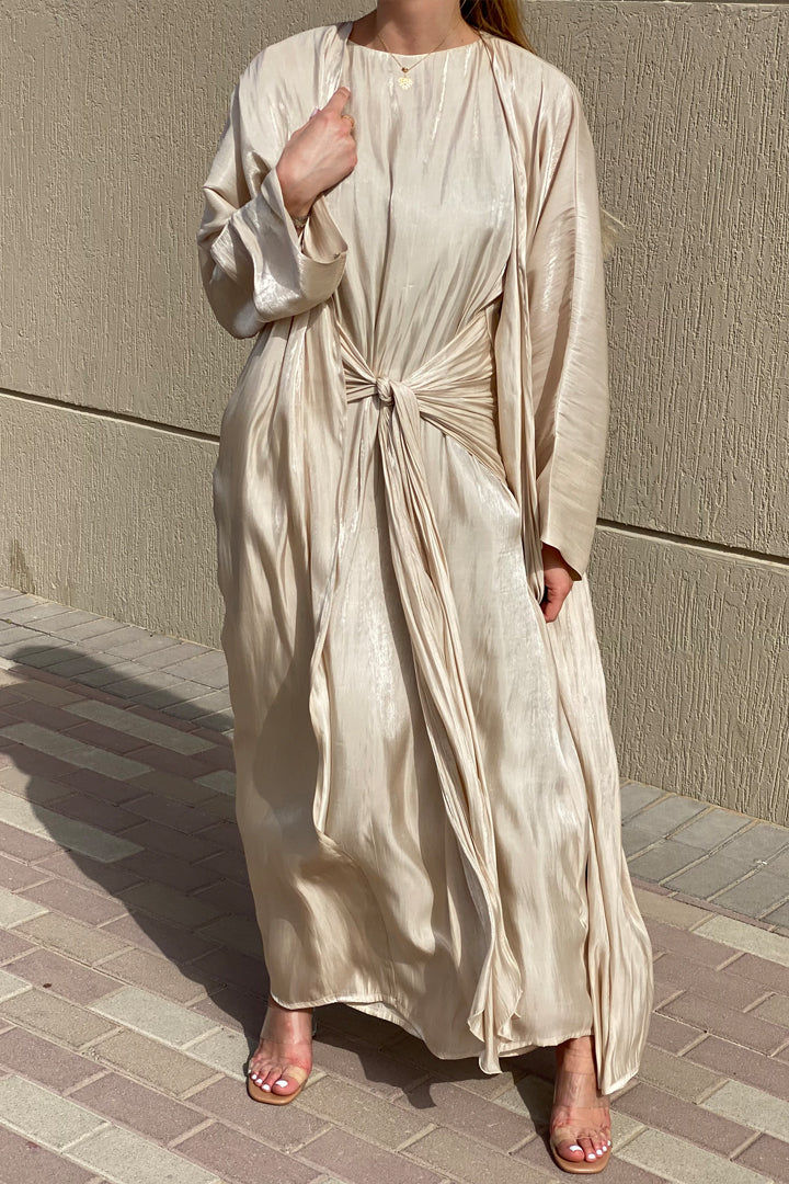 MOiSTREET Rotana Shimmer Beige Abaya Set Comes With 3 Piece