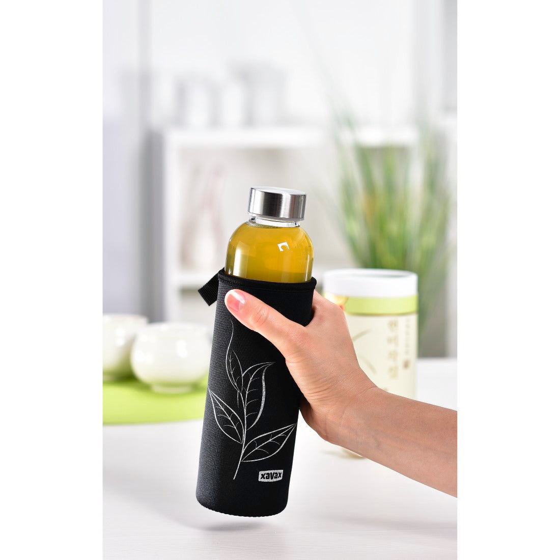 XAVAX 111233 Glass Drinking Bottle with Sieve and Neoprene Sleeve, 500 ml, black