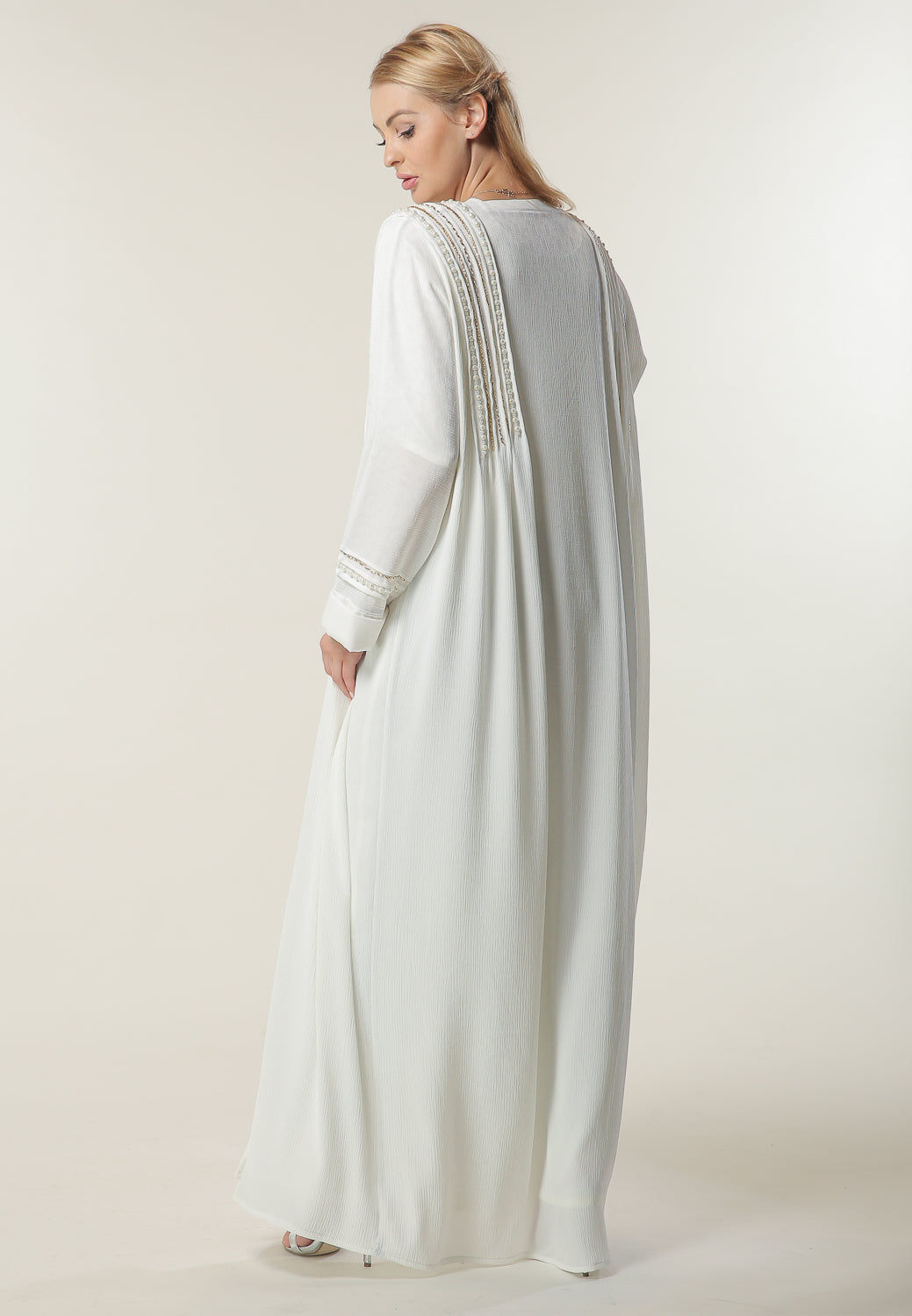 MOiSTREET White Abaya with Hand Work on shoulders