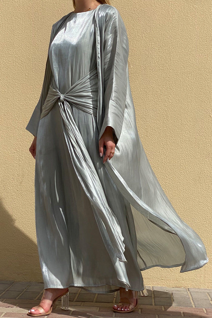 MOiSTREET Rotana Shimmer Tiara Grey Abaya Set Comes With 3 Piece