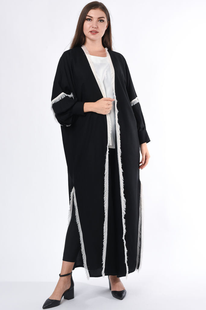MOiSTREET Black Abaya with White Fringe Detail