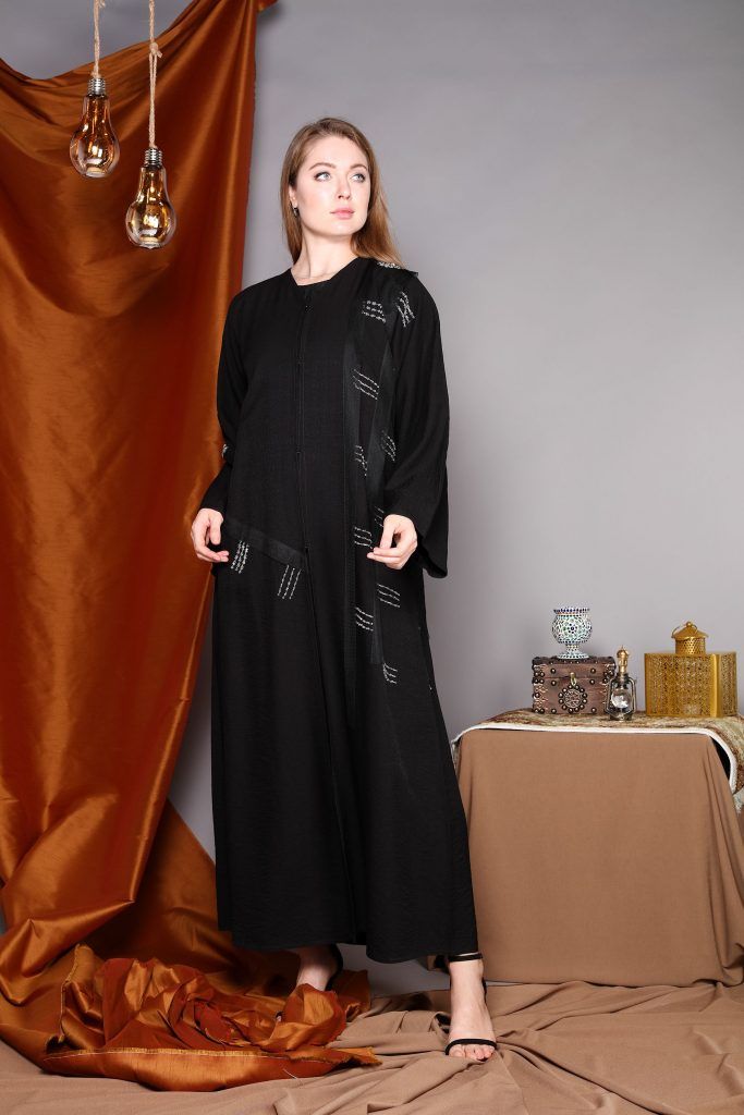 MOiSTREET Black Crystal Embroidery Abaya