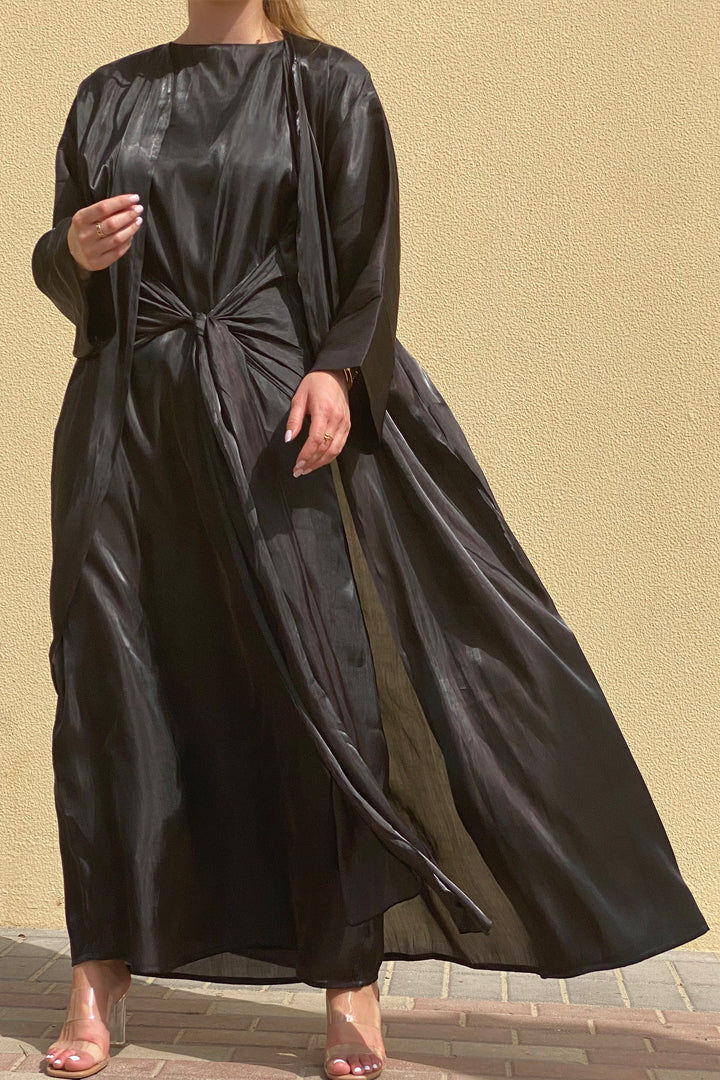 MOiSTREET Rotana Shimmer Black Abaya Set Comes With 3 Piece