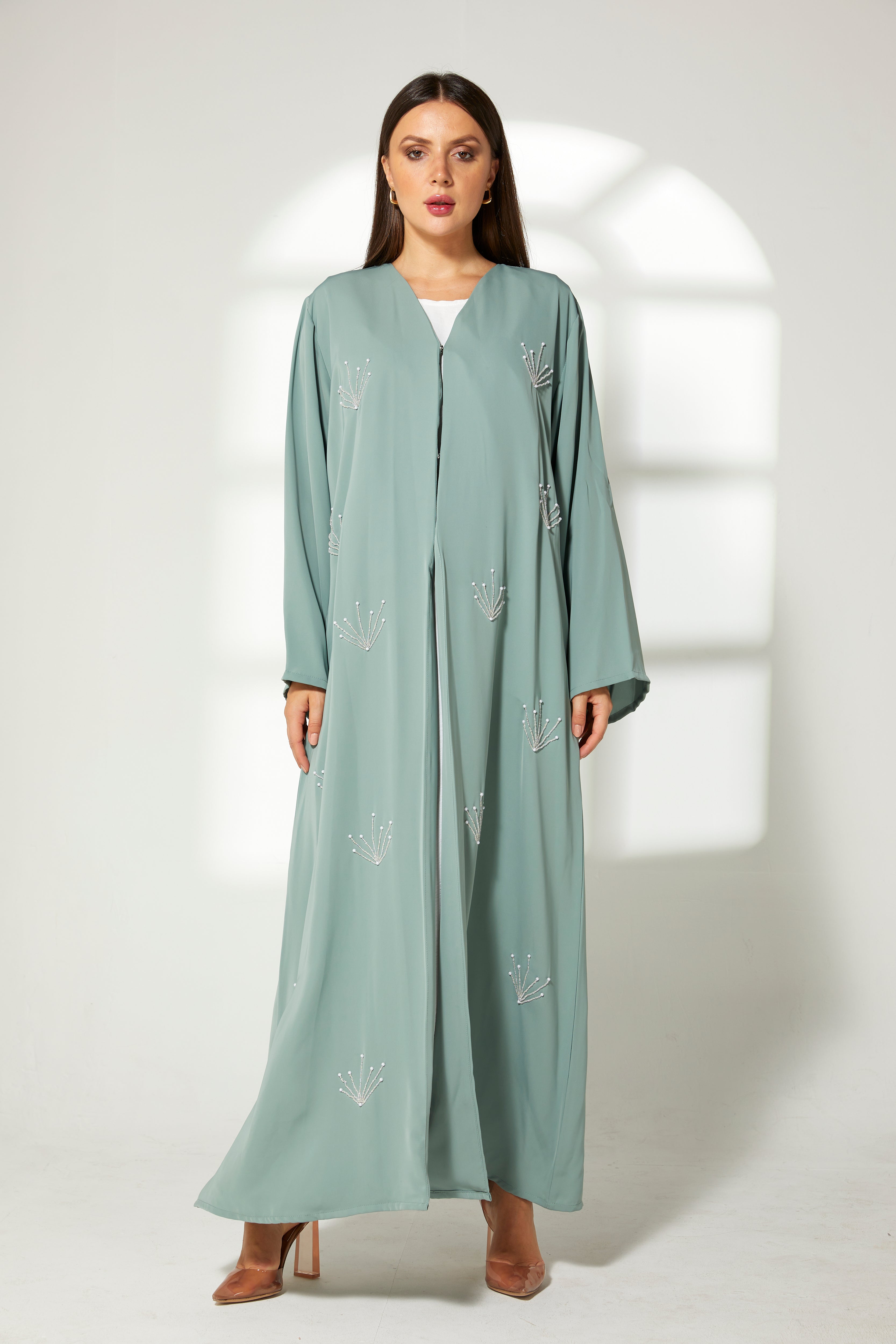 MOiSTREET Sea Green Korean Nida Embroidery Abaya