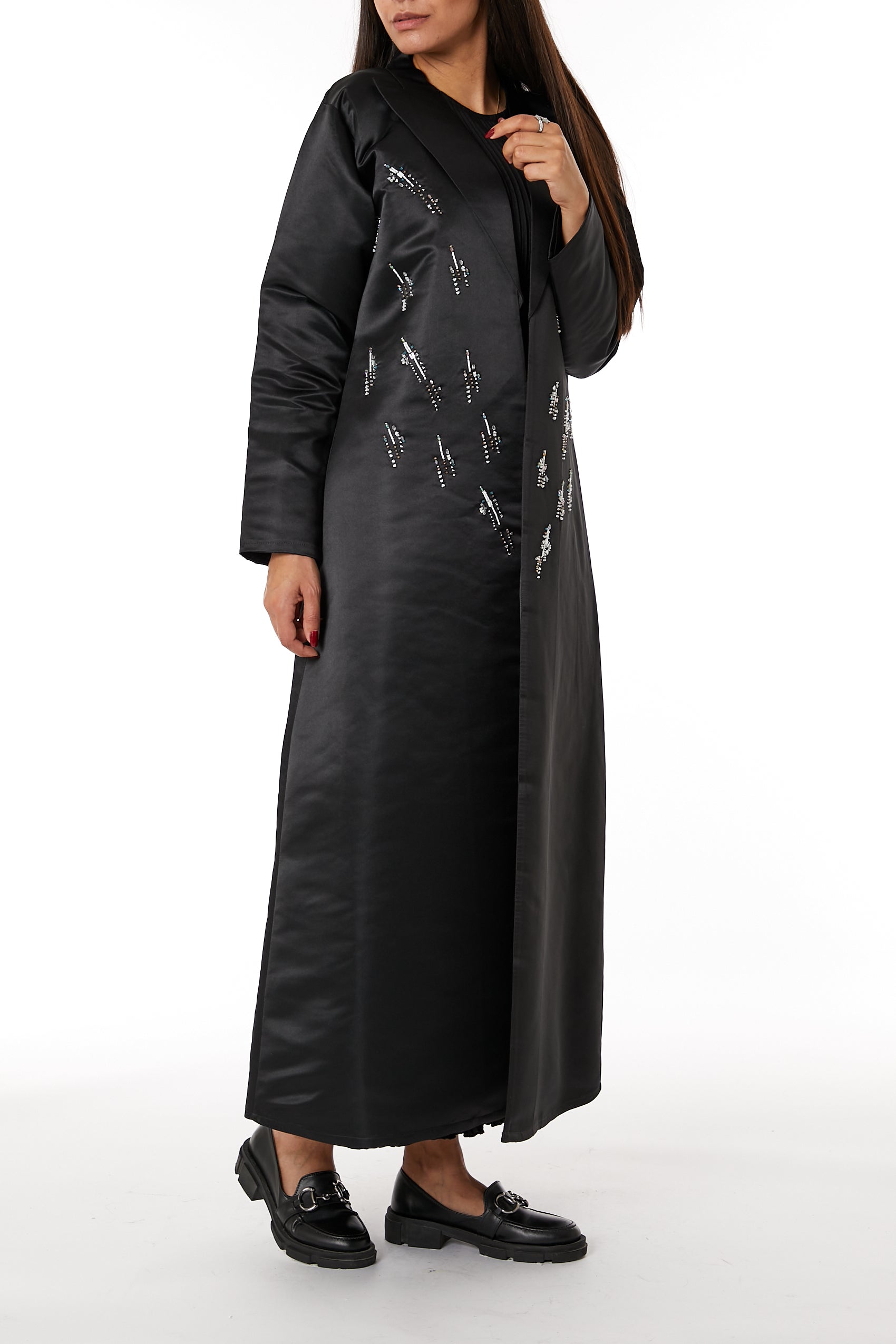 MOiSTREET Black Lapel Collar Bridal Satin Embroidered Abaya