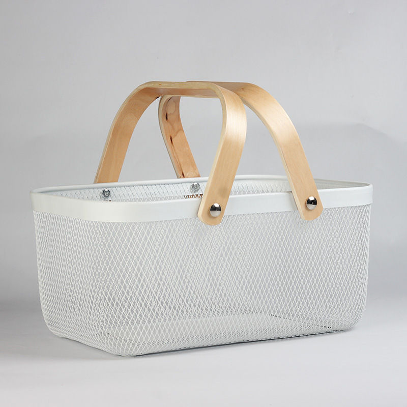 Metal Mesh Storage Basket with Wooden Handles (Rectangle) (White)