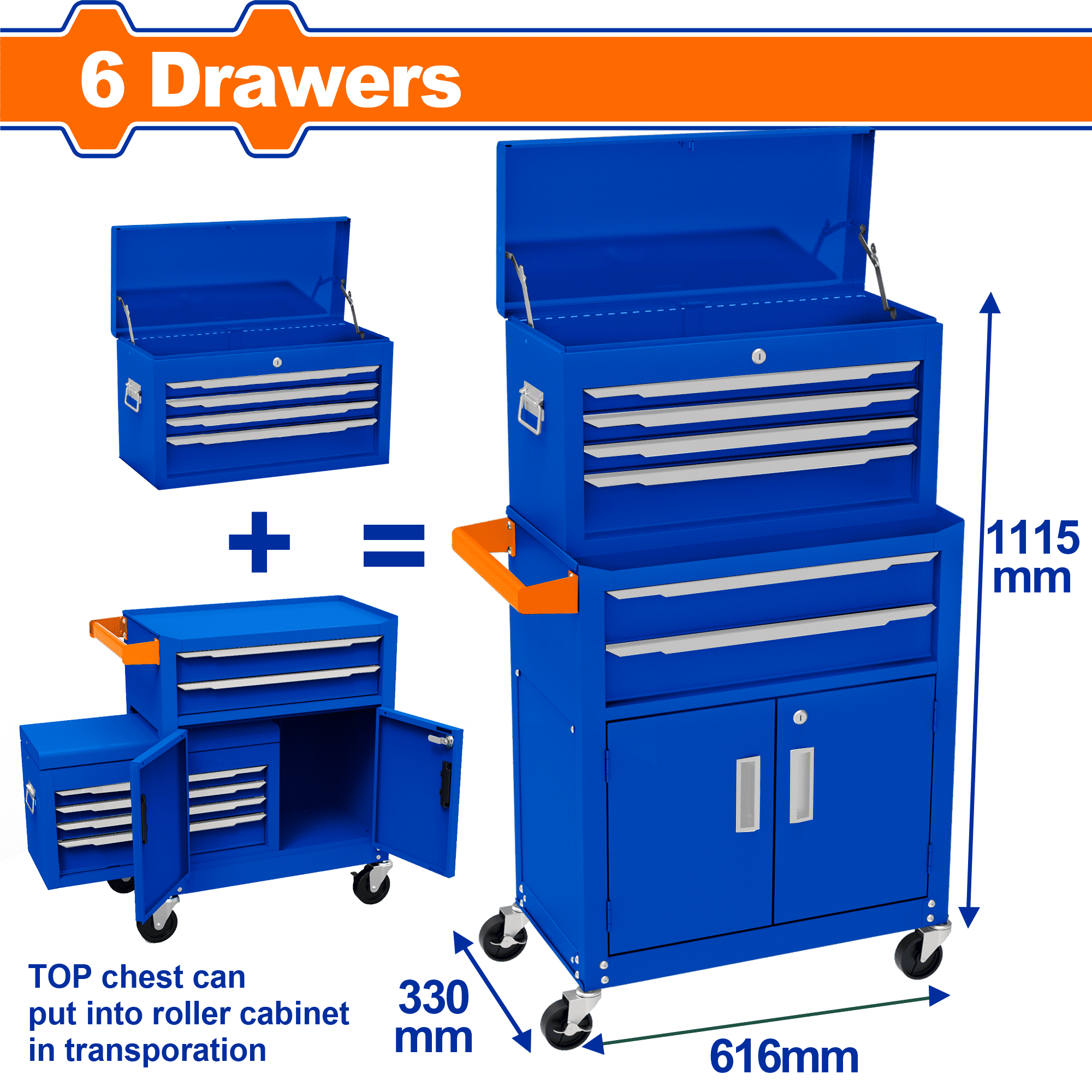 WADFOW Chest & Roller Tool Cabinet with 6 Drawers, Heavy-Duty Steel Storage with Ball Bearing Slides