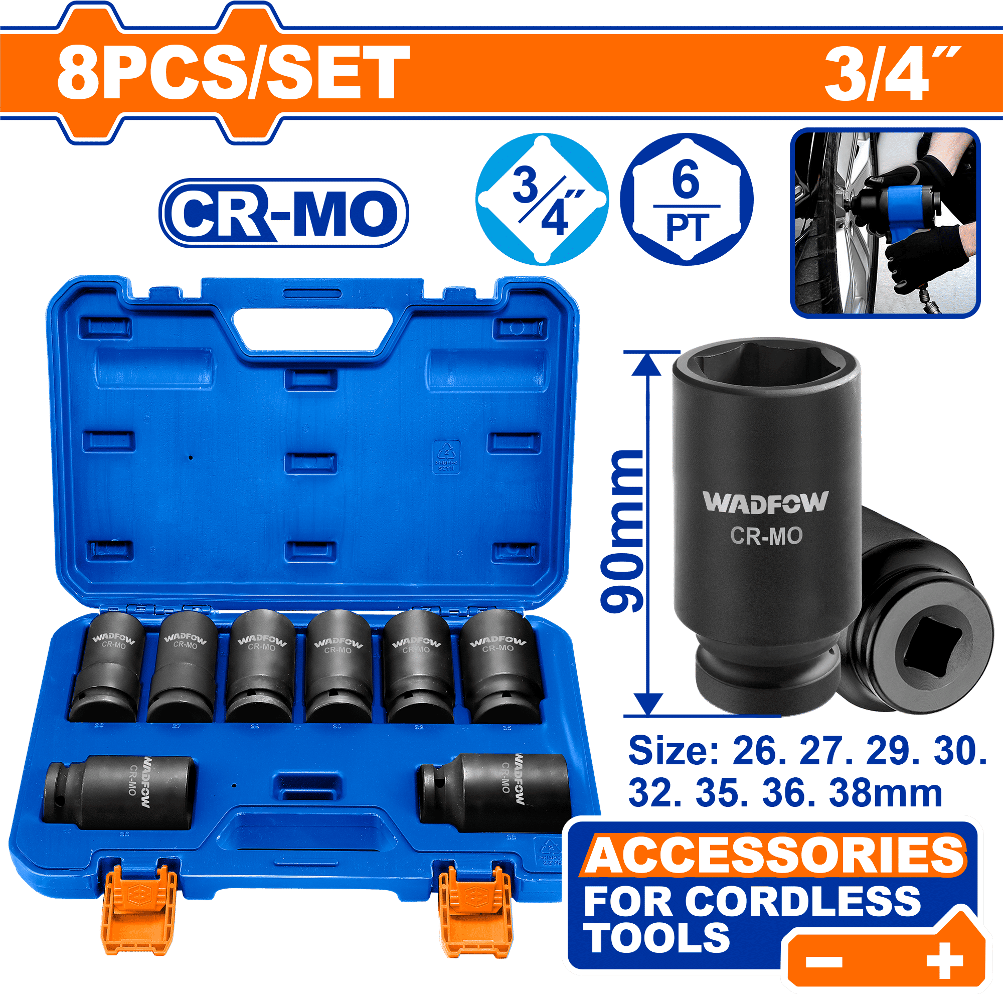 WADFOW 8-Pcs 3/4″ Drive Deep Impact Socket Set, 26-38 mm, Cr-Mo Steel, 90mm