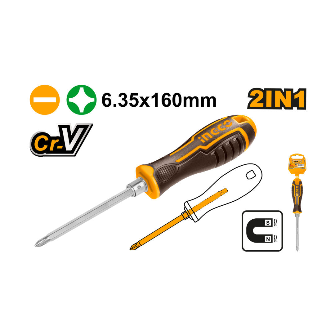INGCO 2-In-1 Screwdriver (Ph2/Sl6,  Shank 6.35X160 Mm, Interchangeable