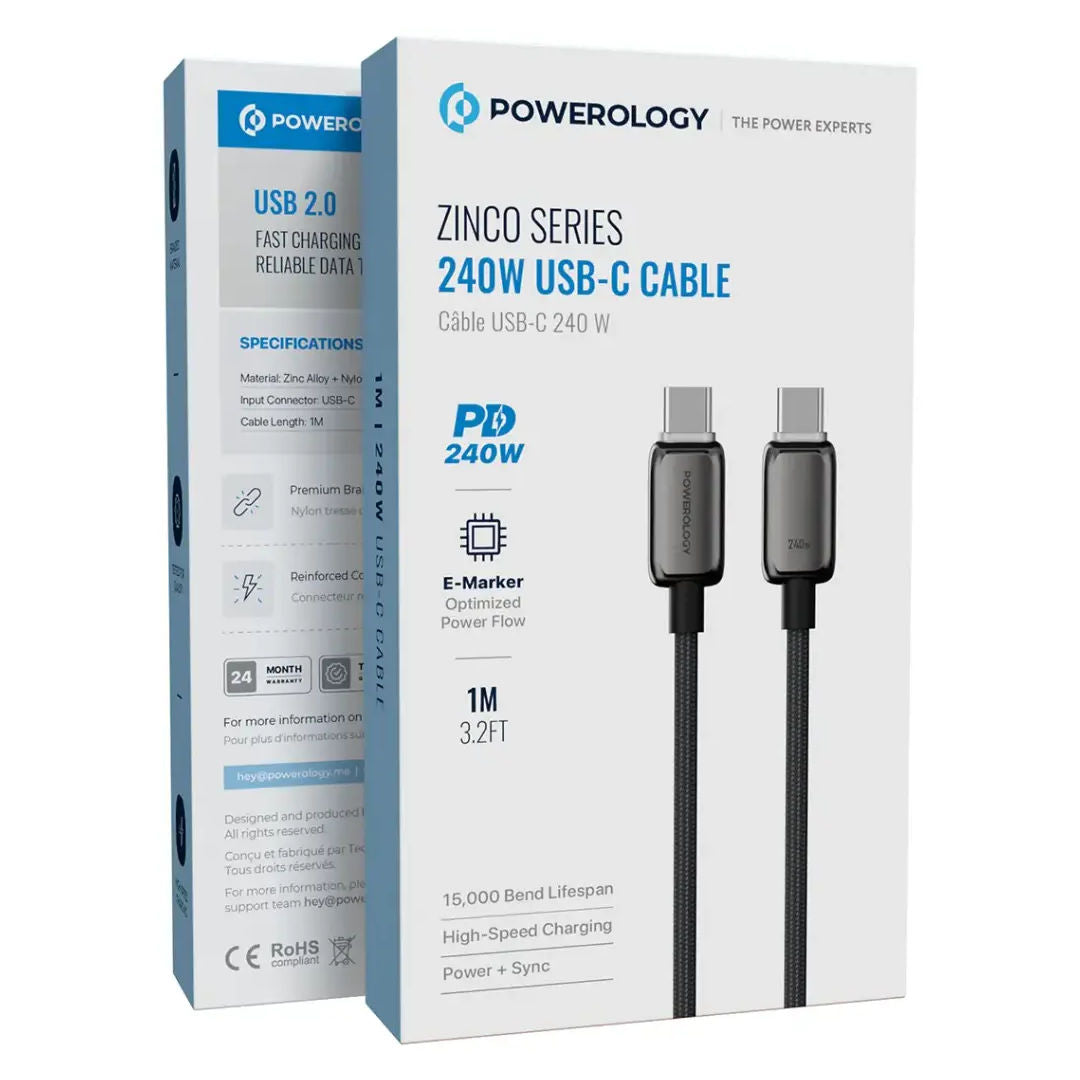 Powerology Zinco Series 240W USB-C High-Speed Charging Cable, 1M, Dark Gray