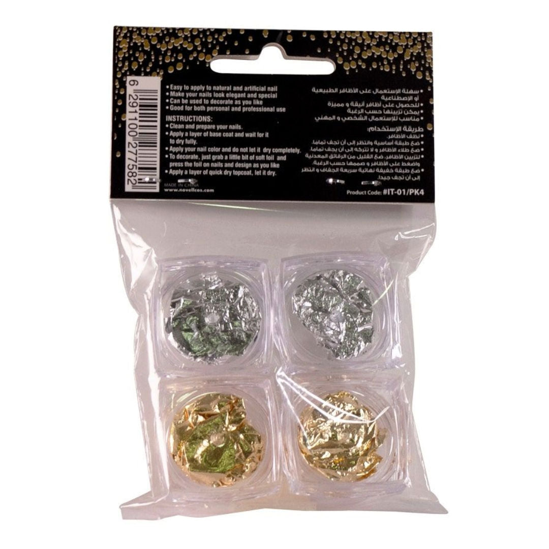 مجموعة رقائق الذهب والفضة لتزيين الأظافر من Novell، 4 قطع، LT01، عبوة من 4 قطع