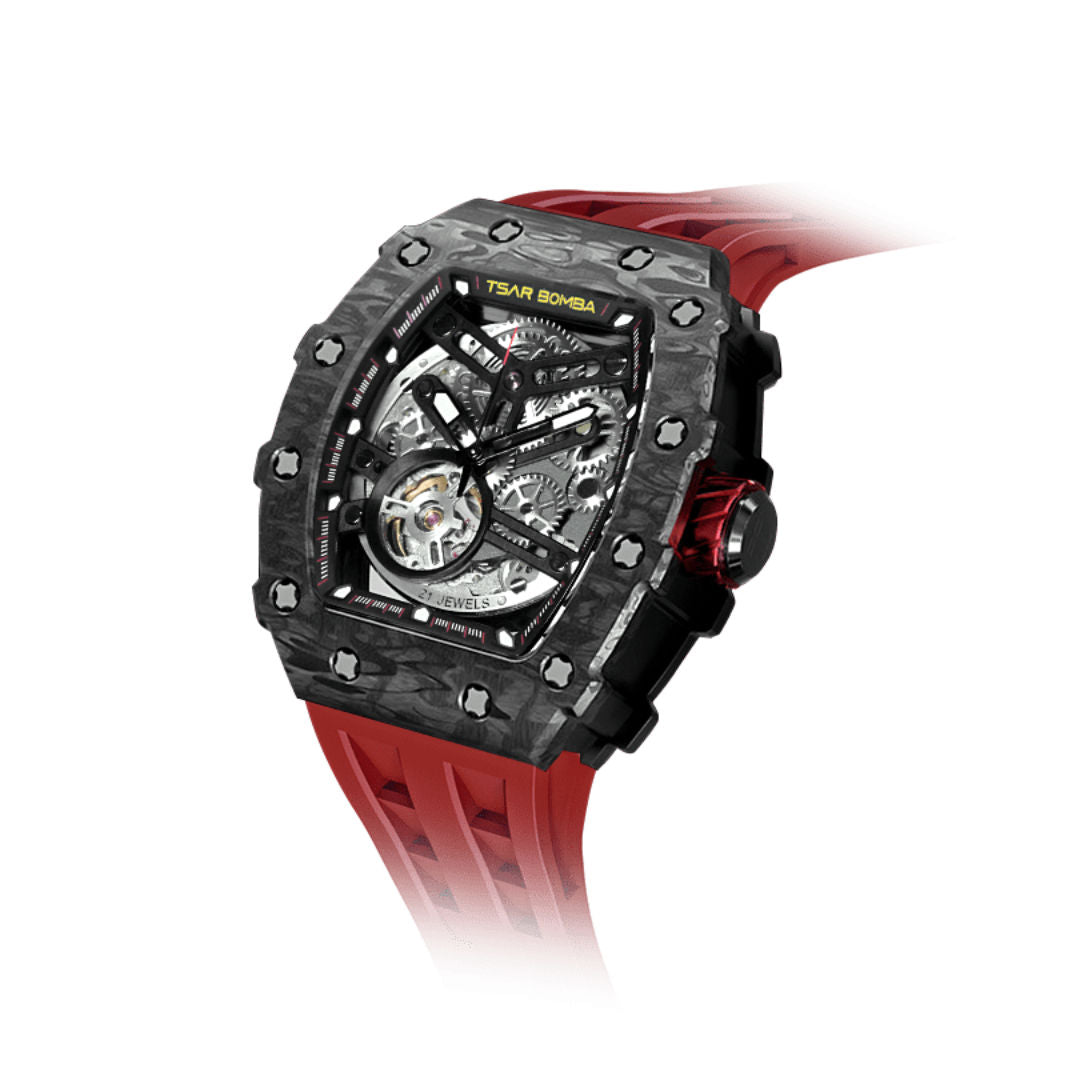TSAR Bomba Men's Elemental Carbon Fiber Automatic Black Case Red Silicon Watch