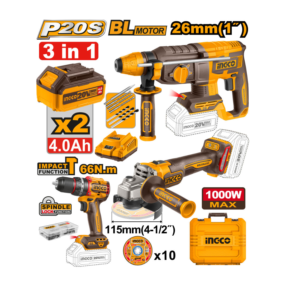 INGCO 20V Cordless 3-Piece Combo Drill + Grinder + Rotary Hammer, 2X4.0 Ah Batteries & Charger