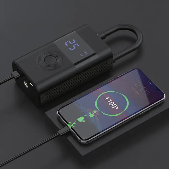 Powerology Ultra Portable Air Compressor Power Bank 4000mAh, 150 PSI Tire Inflator with LED Light, Black