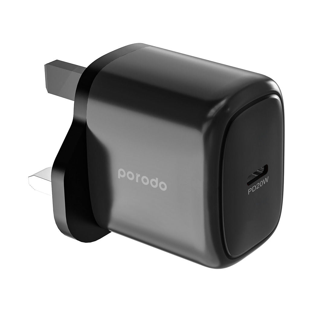 Porodo 20W Single USB C Charger UK With Type-C to Lightning Cable 1.2m, Black